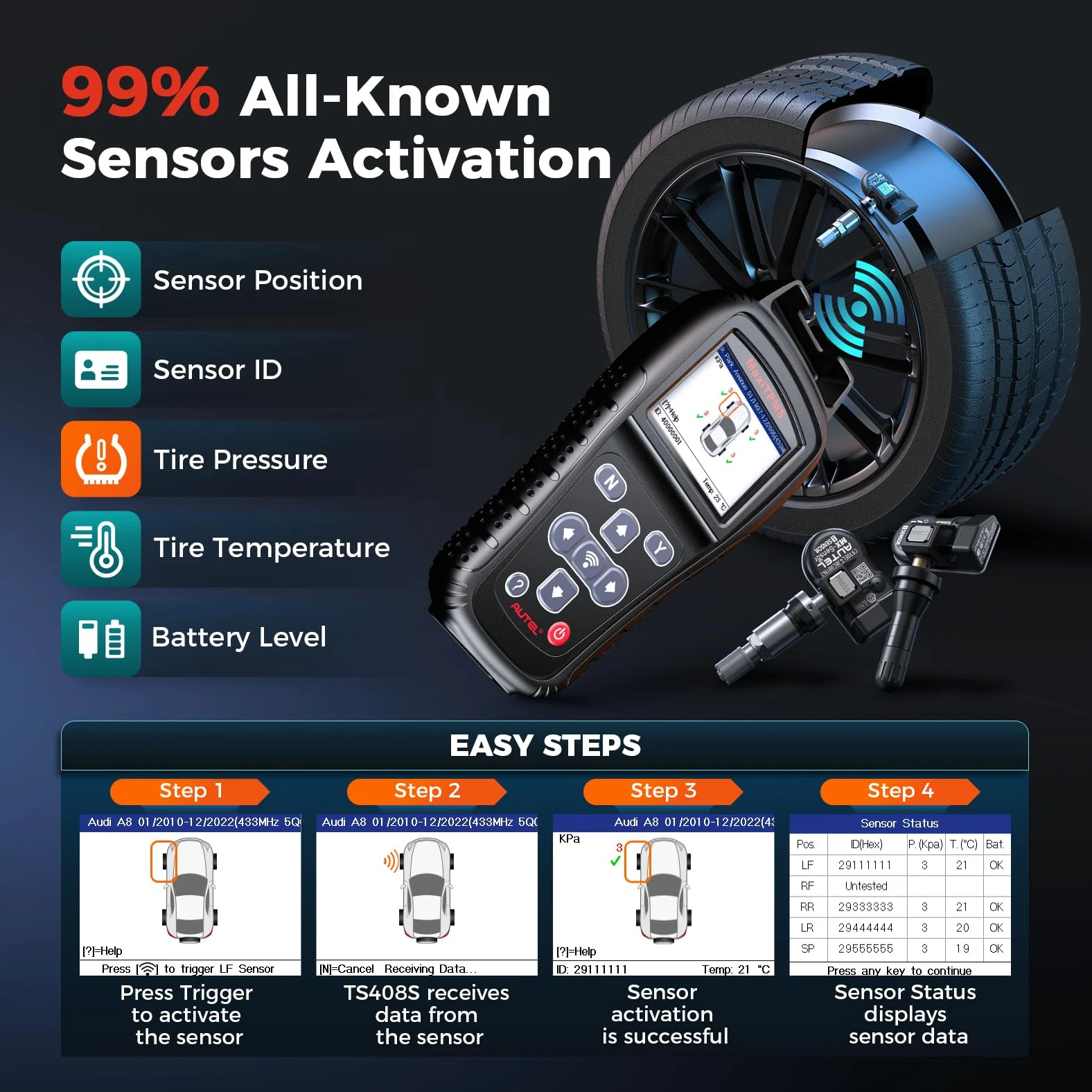 Autel MaxiTPMS TS408S Herramienta de Reaprendizaje TPMS: 2024 Herramienta de programación TPMS, Reinicio TPMS, Diagnóstico, Lectura, Borrado TPMS DTC, Actualización TS408/TS401, Igual Que TS501(Pro)