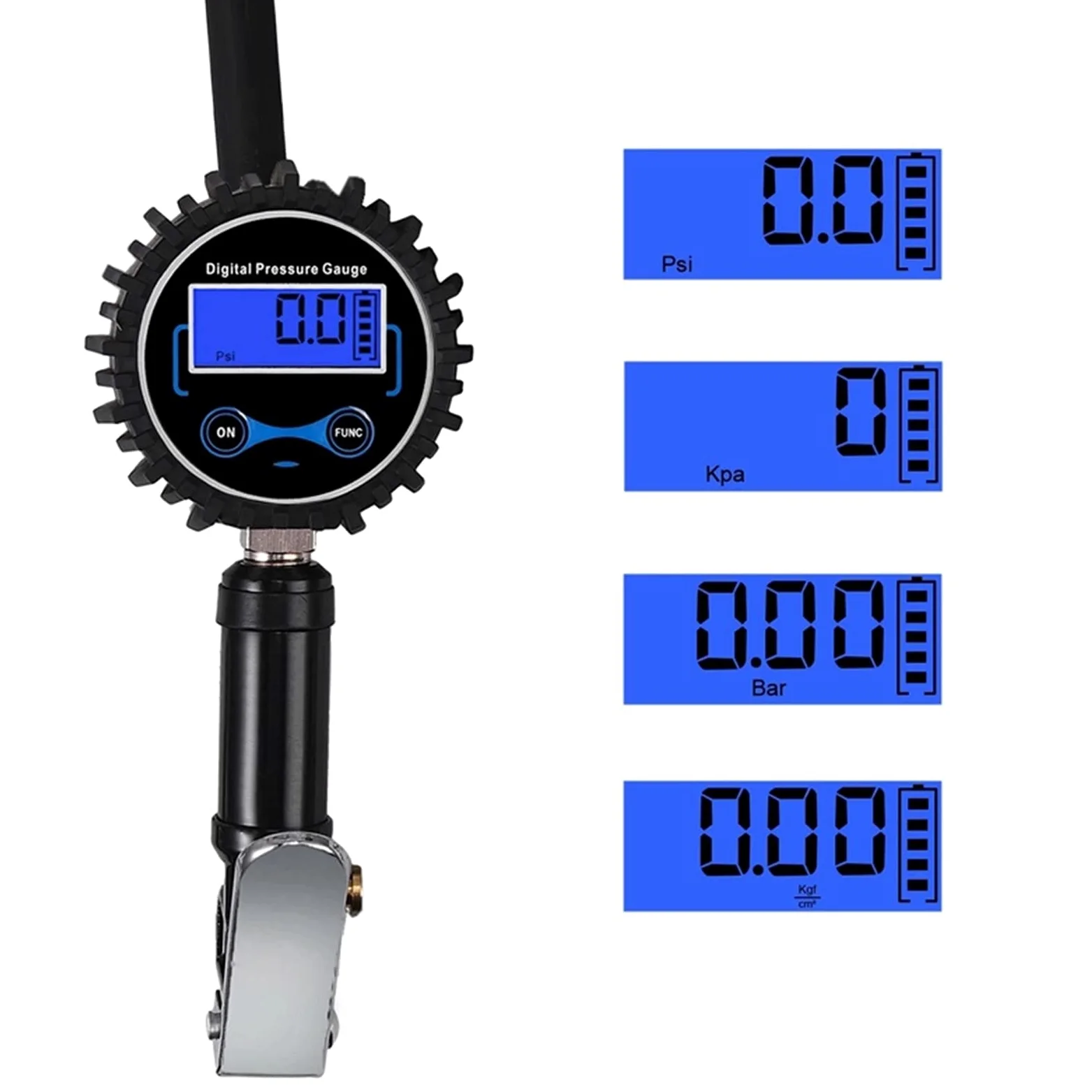 Inflador de neumáticos Digital 0-200PSI con manómetro con 4 Tapas de válvula Indicador de inflado de neumáticos de Acero con Manguera de Goma