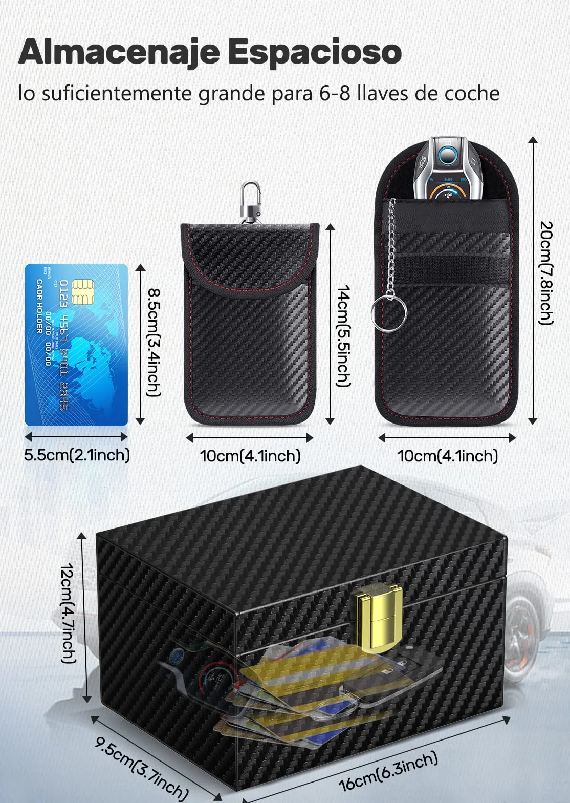Caja Faraday Antirrobo & 2 funda Faraday para Llaves de Coche, Bloqueadora de RFID Bloqueo Señal Llaves Keyless en Cuero Fibra de Carbon Negro