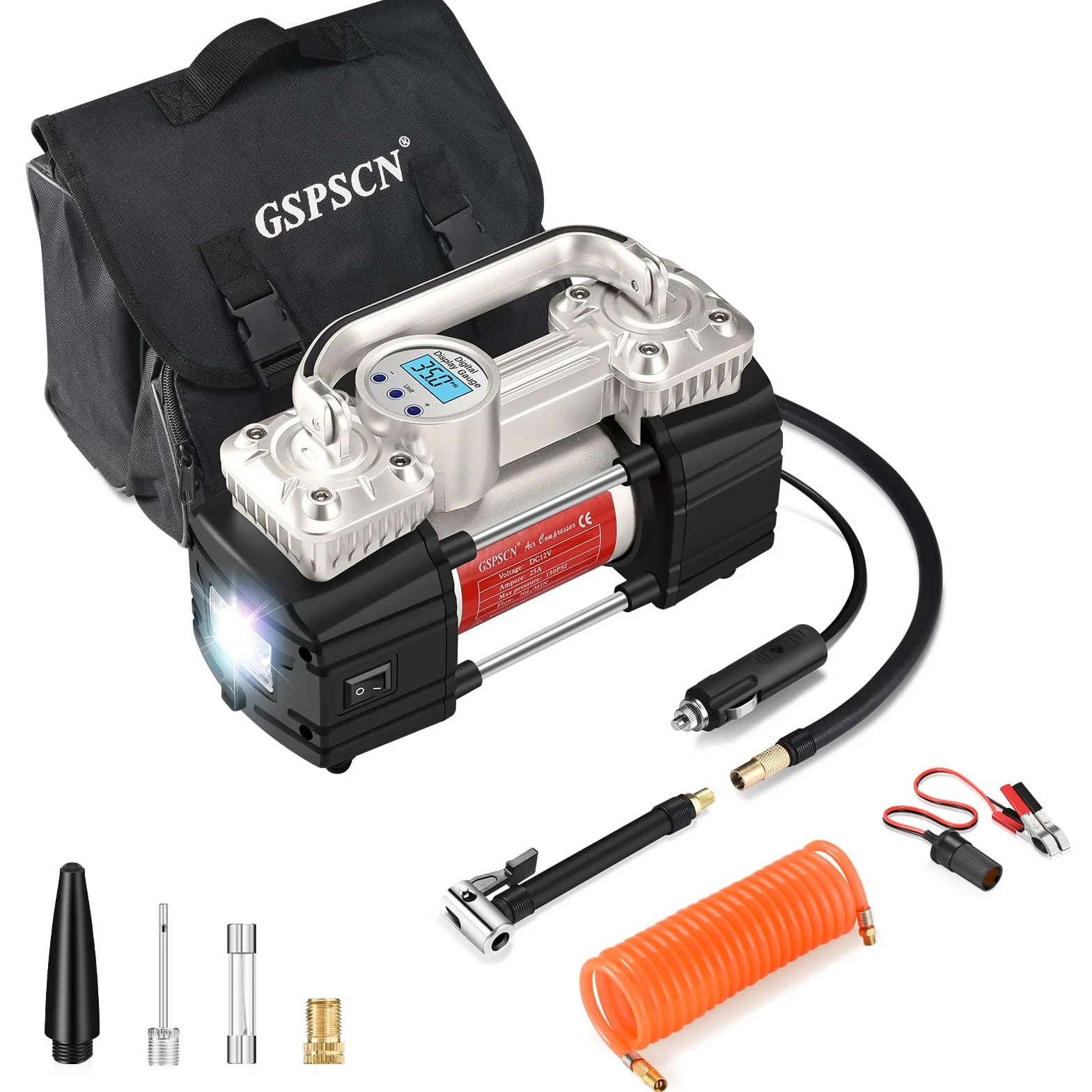 GSPSCN Compresor Aire Portátil de Doble Cilindro Bomba Eléctrico Digital 12V, Inflador de Ruedas de servicio pesado 150PSI con 3.5M Cable - Para coche, Camioneta, SUV, RV, Baloncesto, fútbol | Inflado 6x más rápido, 150 PSI apagado automático,Luz LED,cili