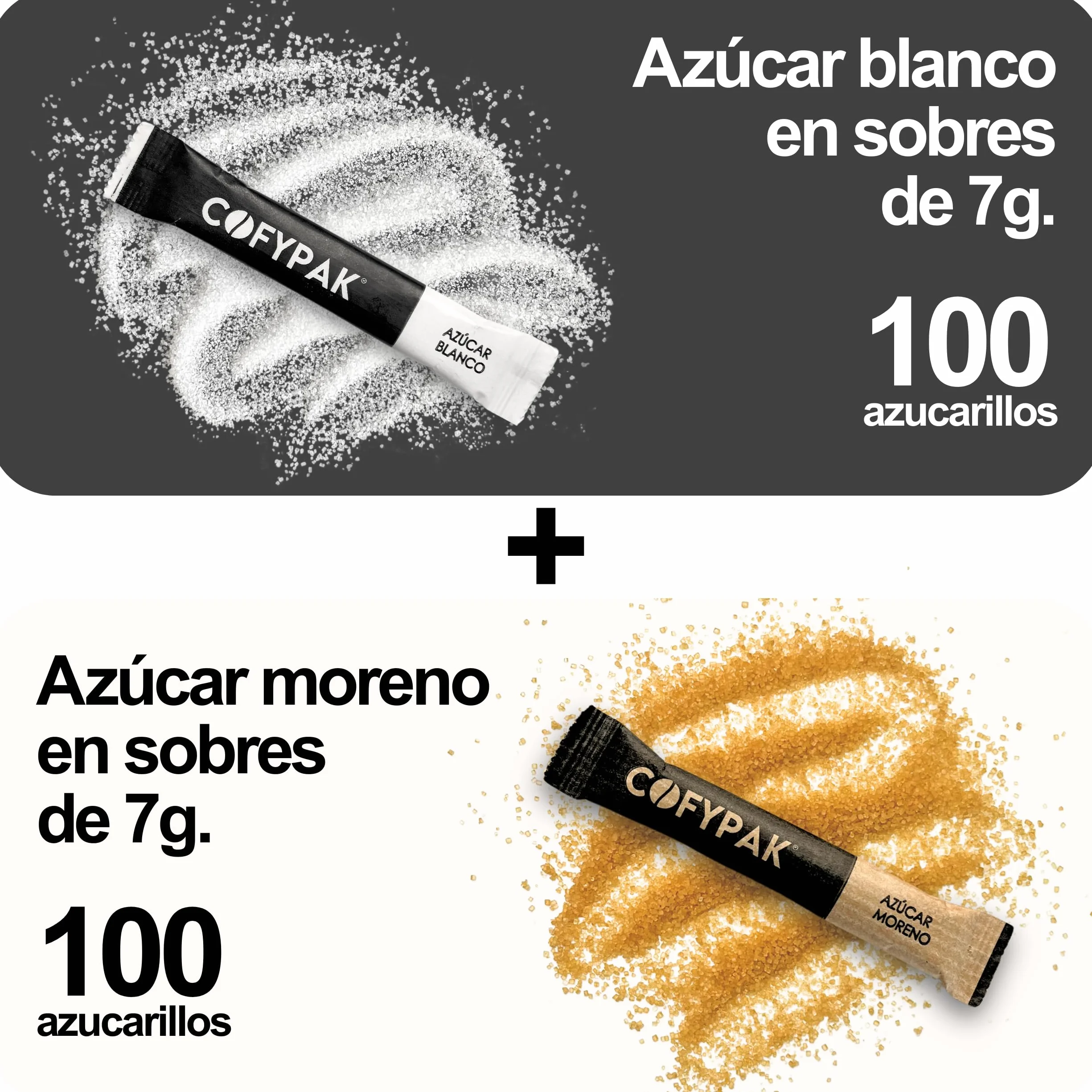 Pack 200 Azucarillos Individuales - 100 Sobres Azúcar Blanco y 100 Sobres Azúcar Moreno 7g