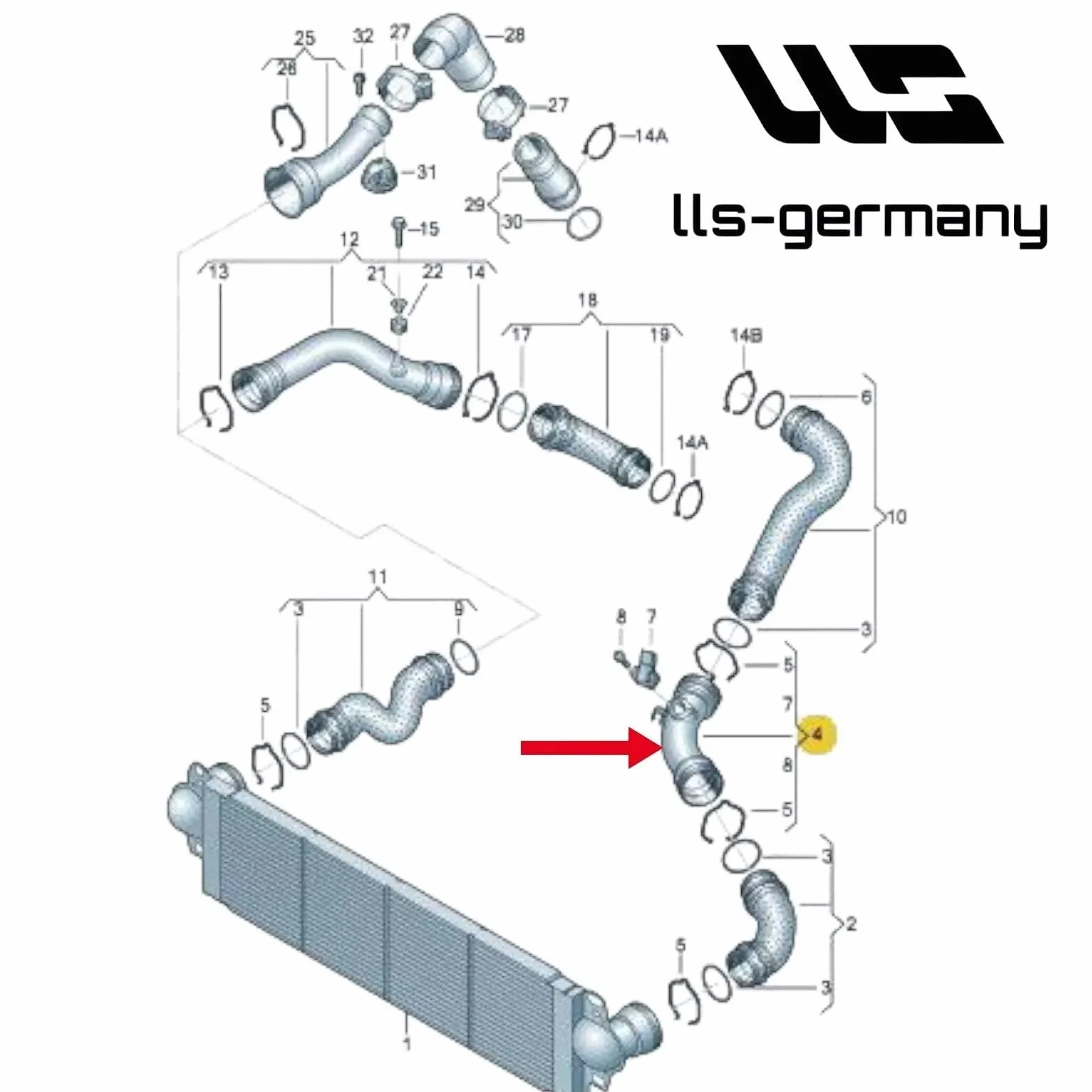 LLS-GERMANY Manguera turbo compatible con V.W. Transporter T5, Bus, Kasten, Multiv., 1.9 TDI, 2.5 TDI, 7H0 145 955 H, 7H0145955D, 7H0145955E, 7H0145955H, 7H0145955J, 7H0145955J, 7H01459555J Large (
