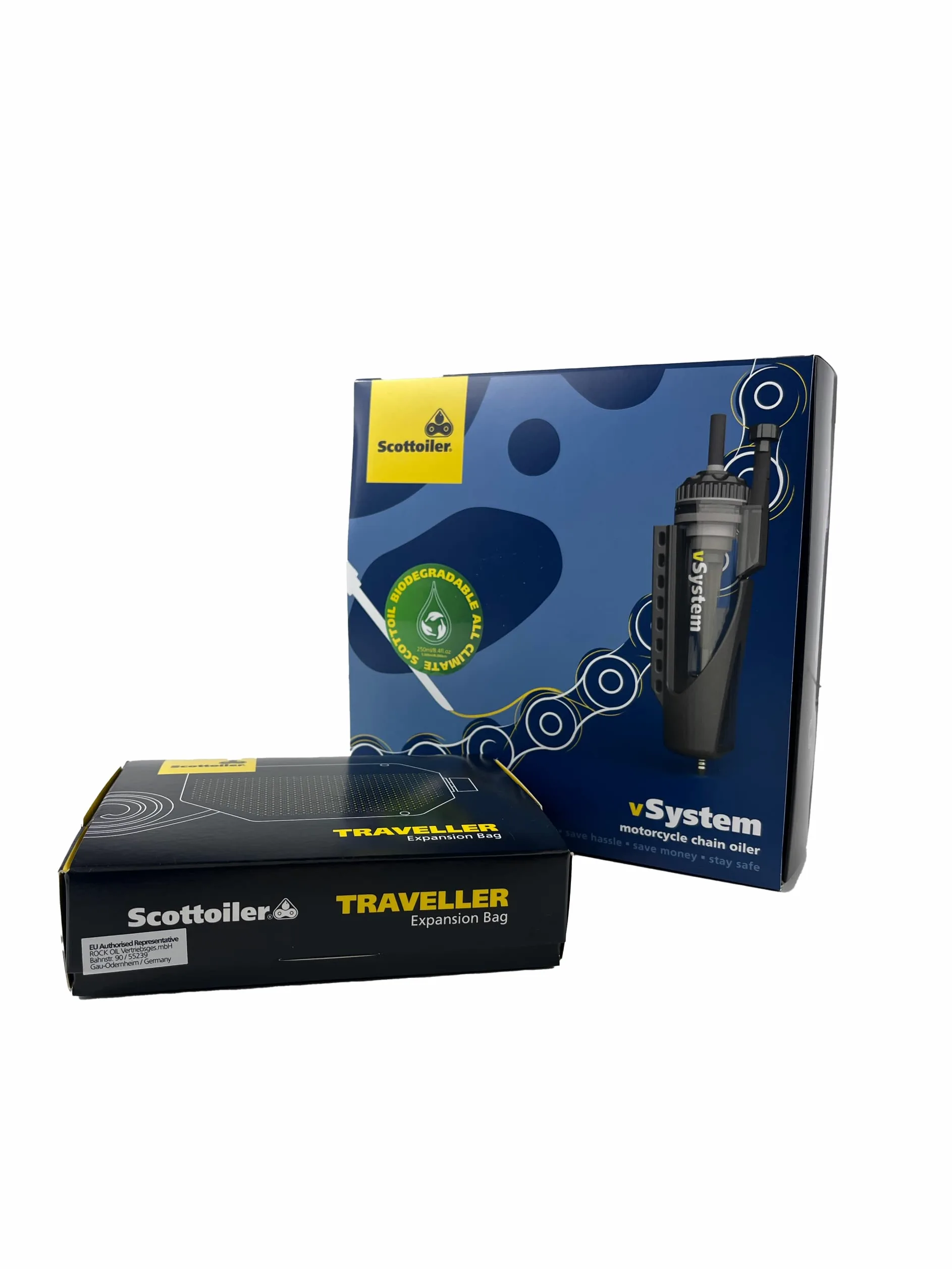 Scottoiler vSystem Sistema Automático de Lubricación de Cadena de Motocicleta con Scottoil Verde Biodegradable y Bolsa de Expansión Traveller - Bundle de Turismo de Largo Alcance…