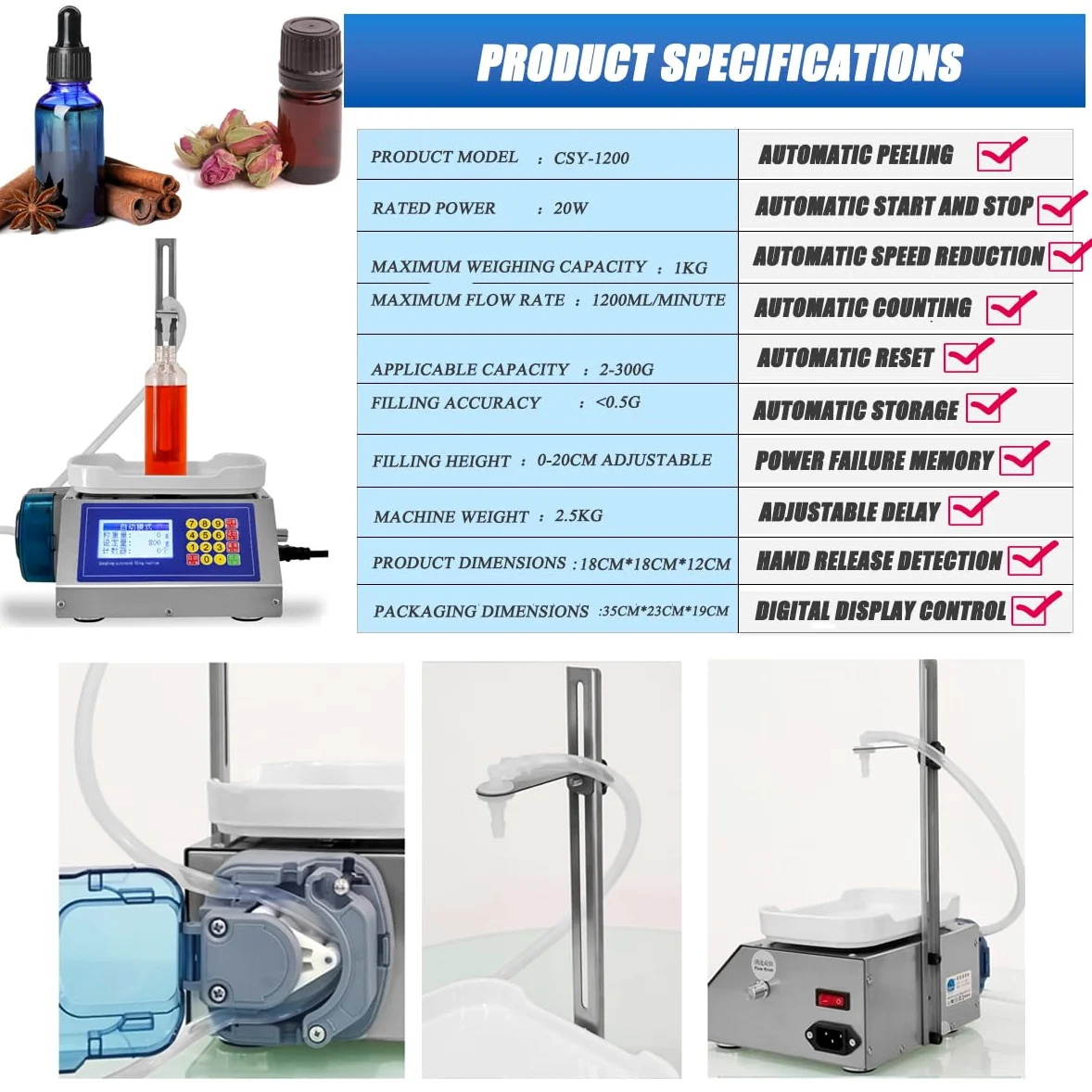 Llenadora automática de botellas, bomba peristáltica de 2-300 g, máquina de llenado con pesaje y pantalla LCD, caudal de 1,2 l/min, dispensador de líquido ajustable, máquina de llenado de aceite par