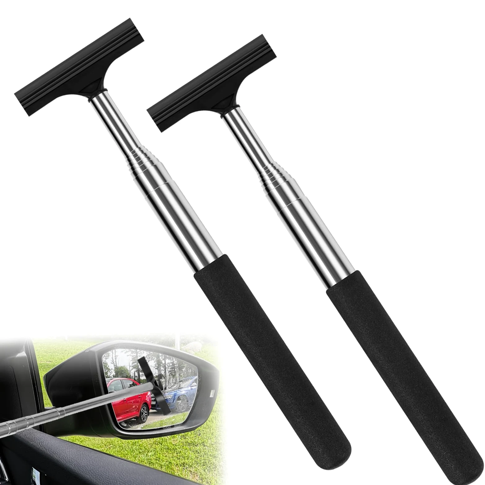 2 limpiaparabrisas de coche con mango de 38.6 pulgadas, para espejo lateral de coche, escobilla de goma de espejo lateral, mini escobilla de goma para clima lluvioso y niebla