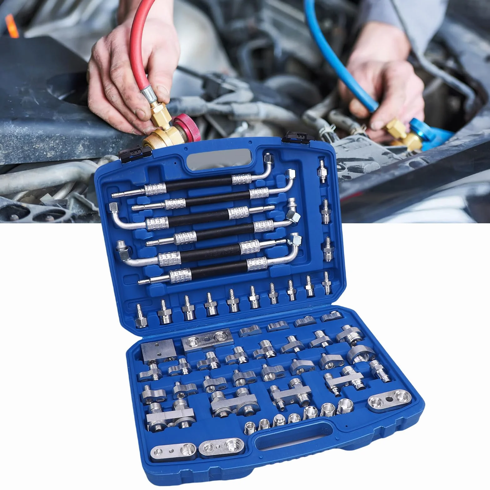 Luocute Kit de Prueba de Fuga de Aire Acondicionado Automotriz de 56pcs, Detector de Fuga de Aire Acondicionado para Automóviles de Camión de Automóviles, Kit de Herramientas de