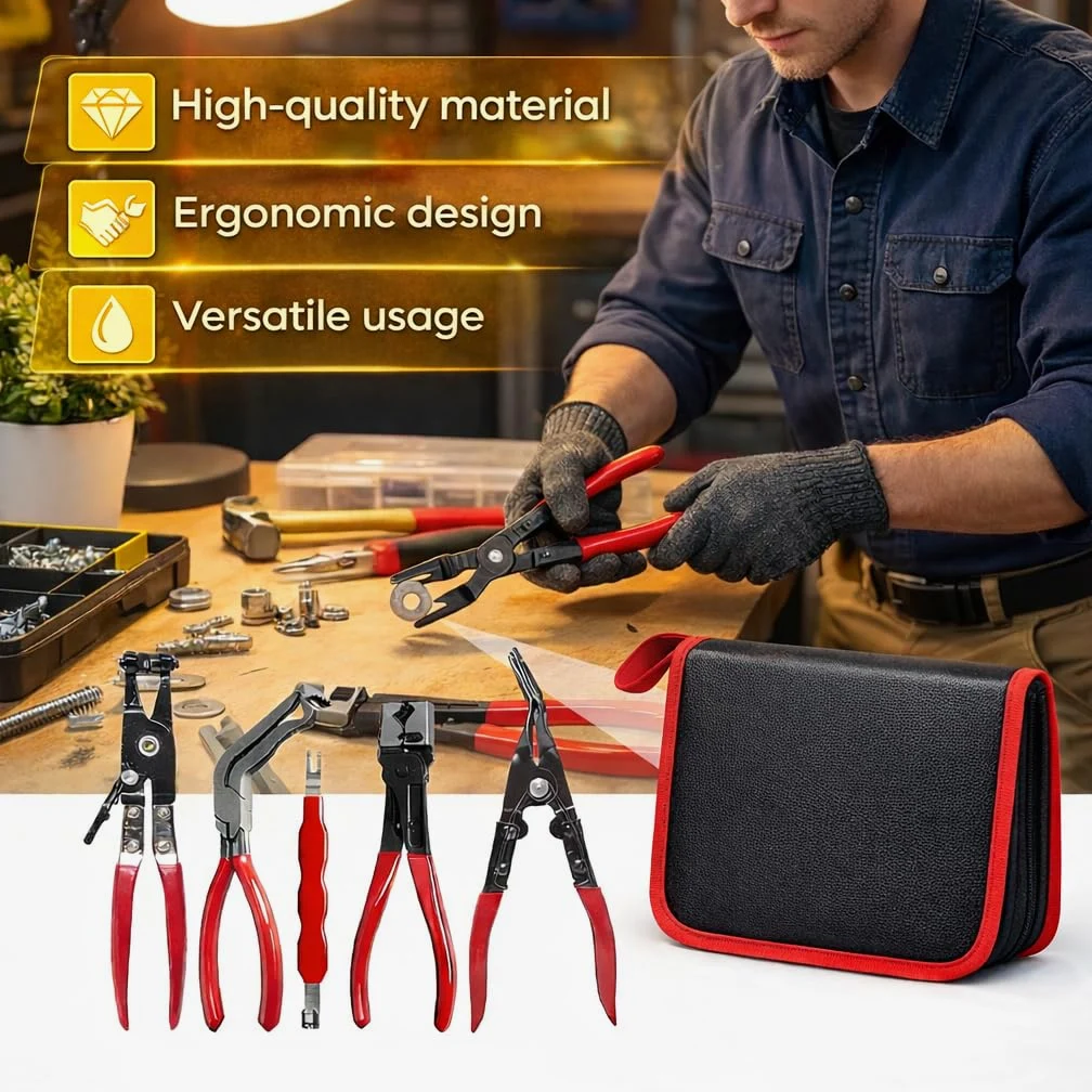 Kit de 5 alicates de desconexión eléctrica automotriz con estuche de almacenamiento de cuero, separador de conectores de acero de alto carbono, abrazadera de manguera y herramientas de extracción de