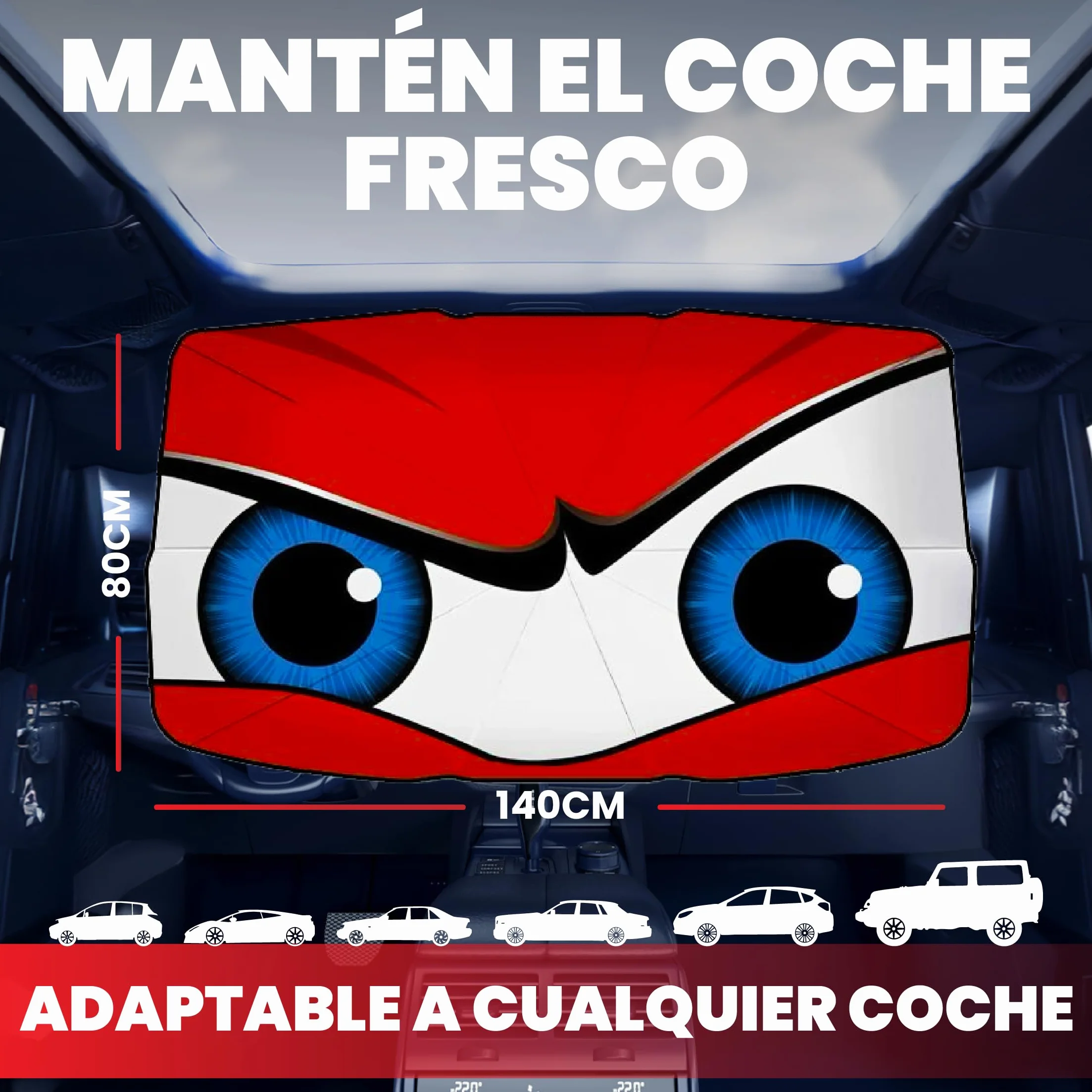 Parasol Coche Delantero 140 cm x 80 cm, Protector Solar de SUV y Camión, Parasol Paraguas Coche de Poliéster, Plegable con Eje Giratorio 360º y Revestimiento de Titanio, Resiste a los Rayos UV