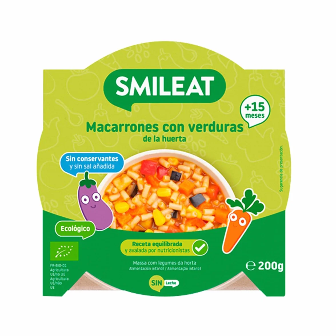 Smileat Platito de Macarrones con Verduras de la Huerta Ecológico 200g