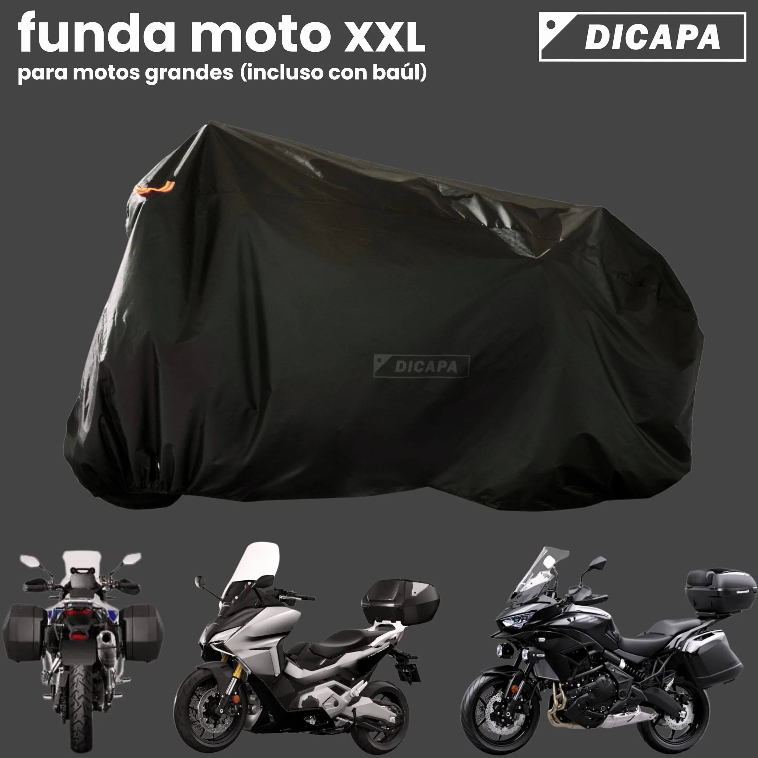 DICAPA Funda Moto Impermeable 245x105x125cm (XXL) Resistente al Agua, Viento, Nieve y Rayos UV. Funda para Moto con Sistema Antirrobo y Cierre Elástico
