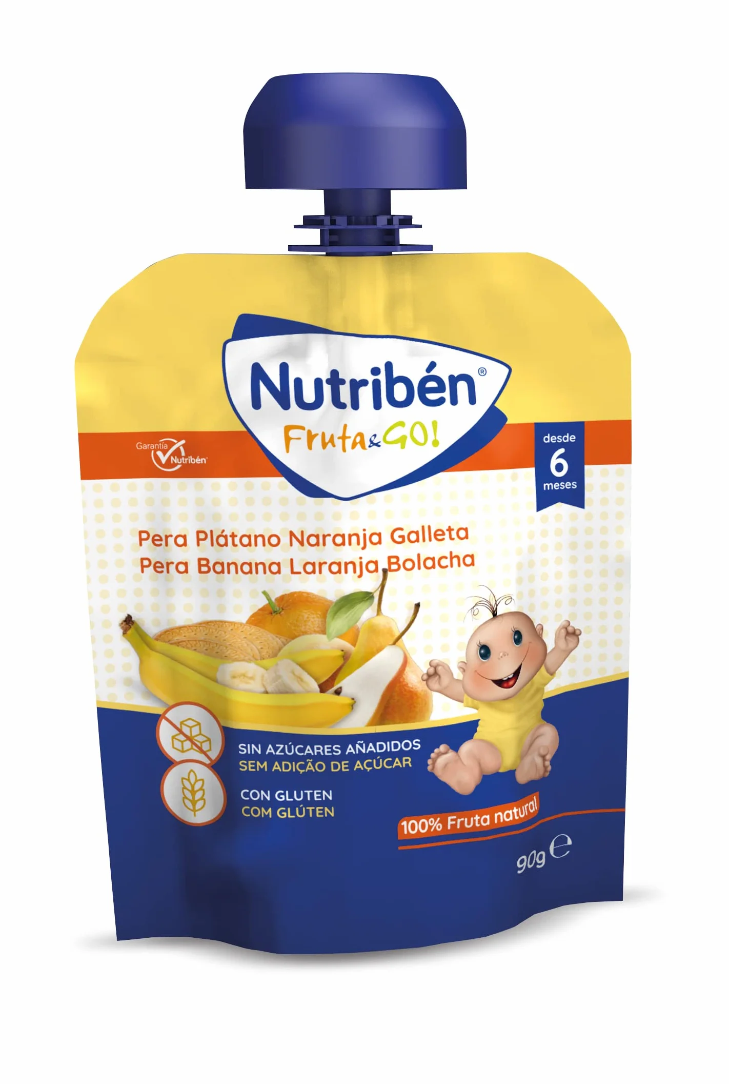 Nutribén Fruta And Go Bolsita de Puré de Frutas 100% Natural Pera Plátano Naranja y Galleta Pack 10 x 90g