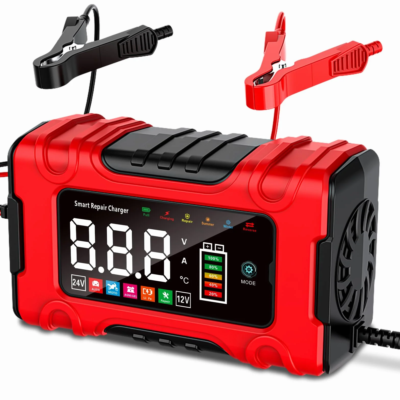 Cargador de Bateria de Coche 10A, 12V/24V Mantenedor Bateria Moto con Modo de Reparación y Carga Lenta para Automóviles, Motocicletas y Camiones, Baterías AGM, Gel, Húmedas, SLA y LiFePO4