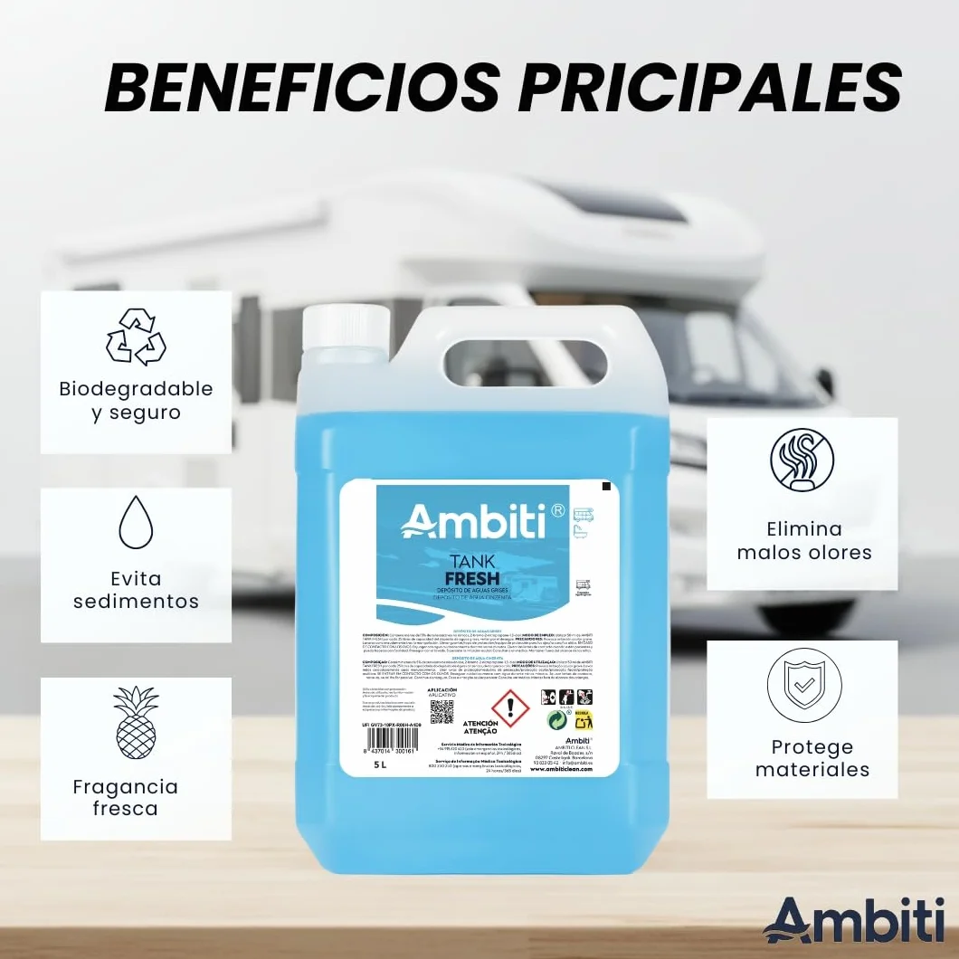 Ambiti | Tank Fresh | Aditivo para Depósito Aguas Grises | Elimina Olores y Sedimentos en Duchas, Fregaderos y Desagües de Autocaravanas y Campers | Fragancia Piña Colada (5L)