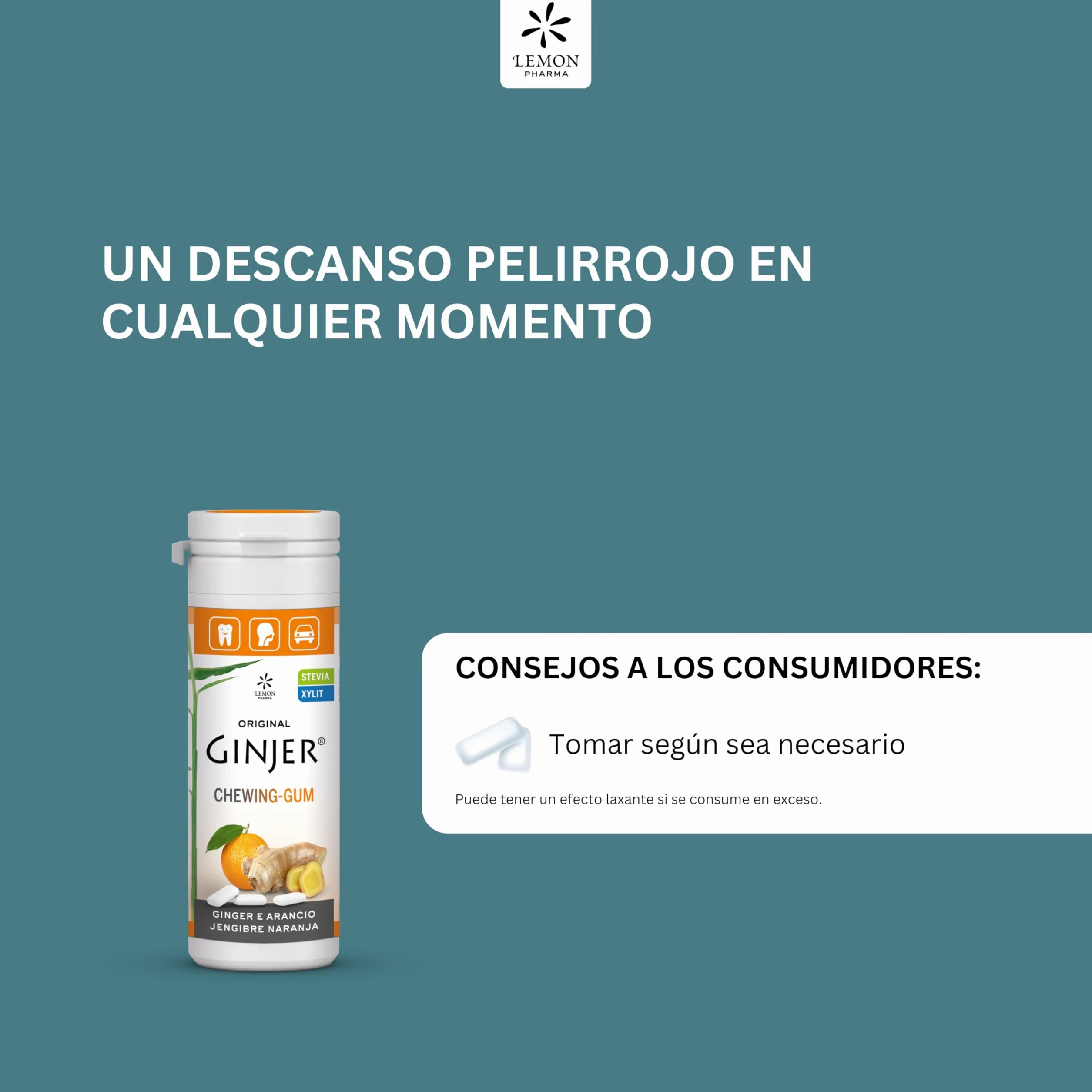 Lemon Pharma GINJER® Chicles de Jengibre-Naranja 30 g goma de mascar vegana sin azúcar
