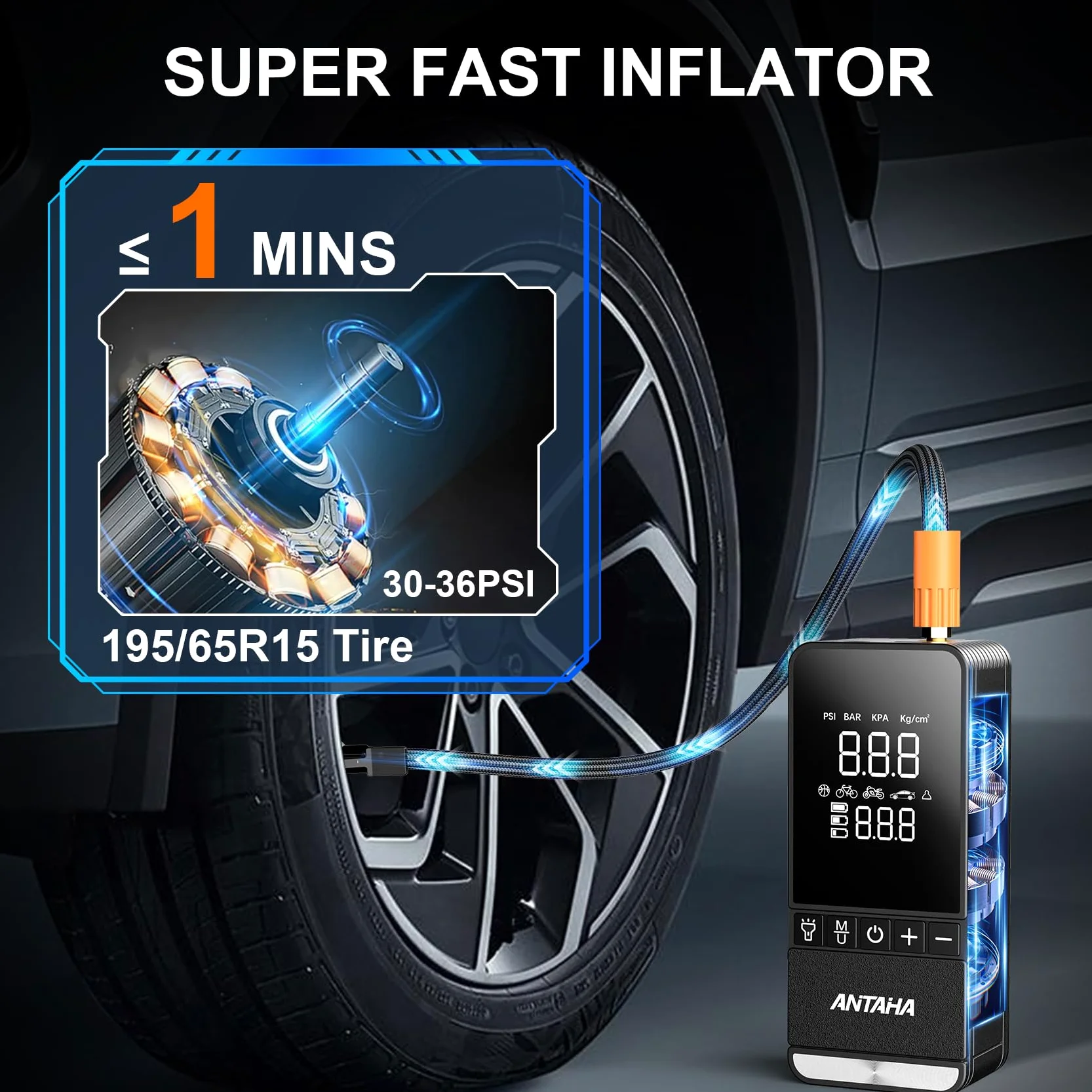 Compresor de aire portátil para neumáticos, bomba de aire inteligente de 150 PSI para neumáticos de automóvil con medidor de presión digital, bomba de neumáticos para automóviles