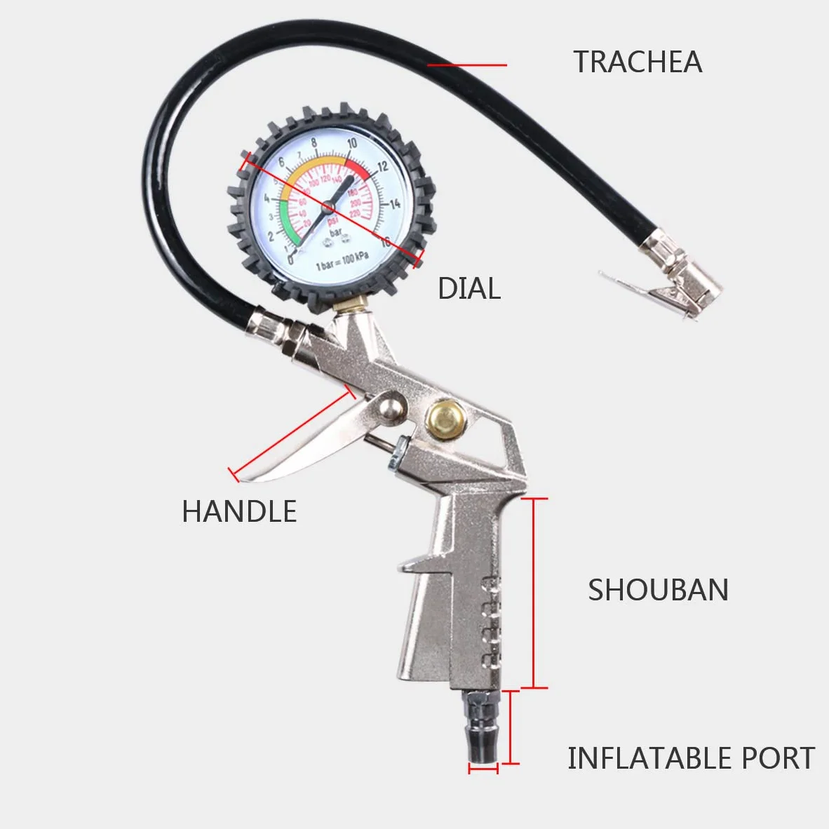 Manómetro de presión de neumáticos, Herramienta de medición de neumáticos de Coche con Mango de 55MM, indicador de presión de Manguera Flexible de Dial de Alta precisión