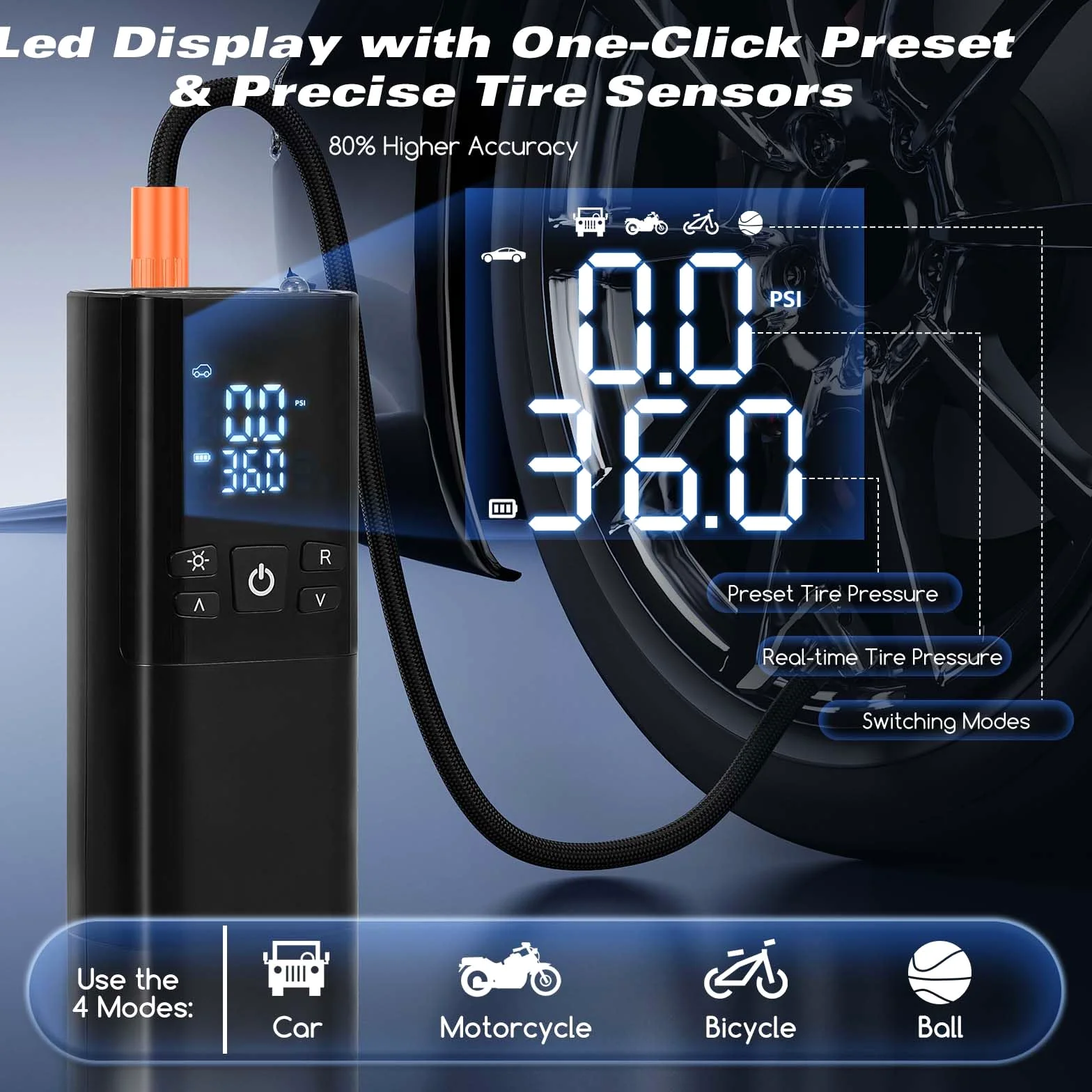 Compresor de aire portátil para neumáticos de coche, inflador de neumáticos inalámbrico de 150 PSI con apagado automático y luz LED, bomba de aire recargable de 10000 mAh para bicicleta, motocicleta