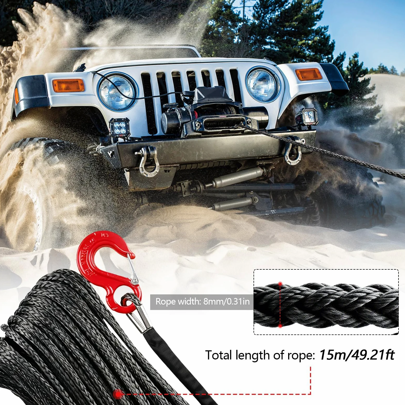 Cuerda de Remolque para Coche, Cabestrante 15m Largo 8mm Diámetro Cuerda Sintética de 12 Hilos 6000kg / 13228 Libra Cuerda de Plástico Cuerda de Remolque con Gancho Metálico para SUV ATV UTV, Negro