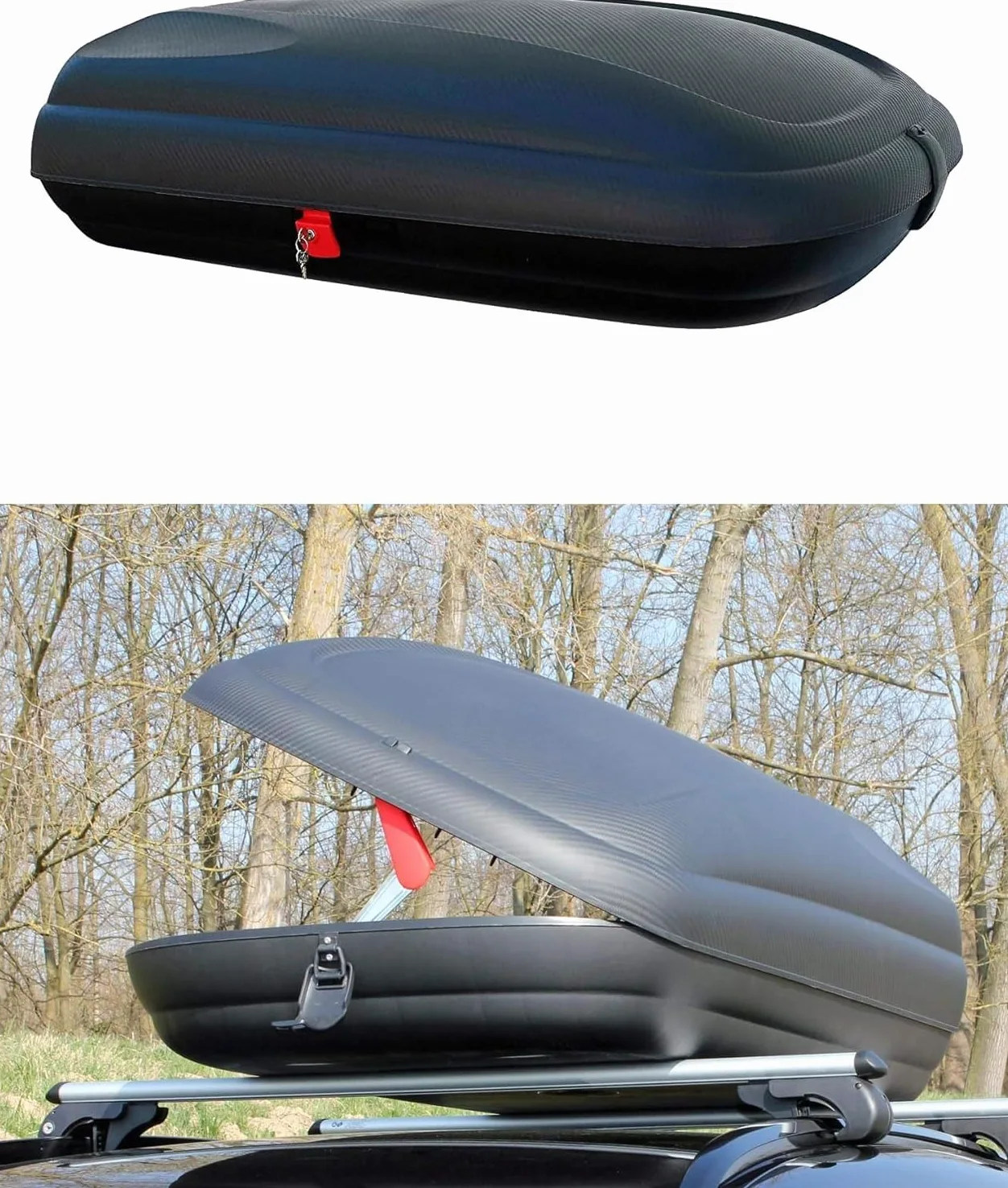 Cofre de techo portaequipajes para coche universal 400 litros carbon look doble cierre medidas 1690x790x375 mm