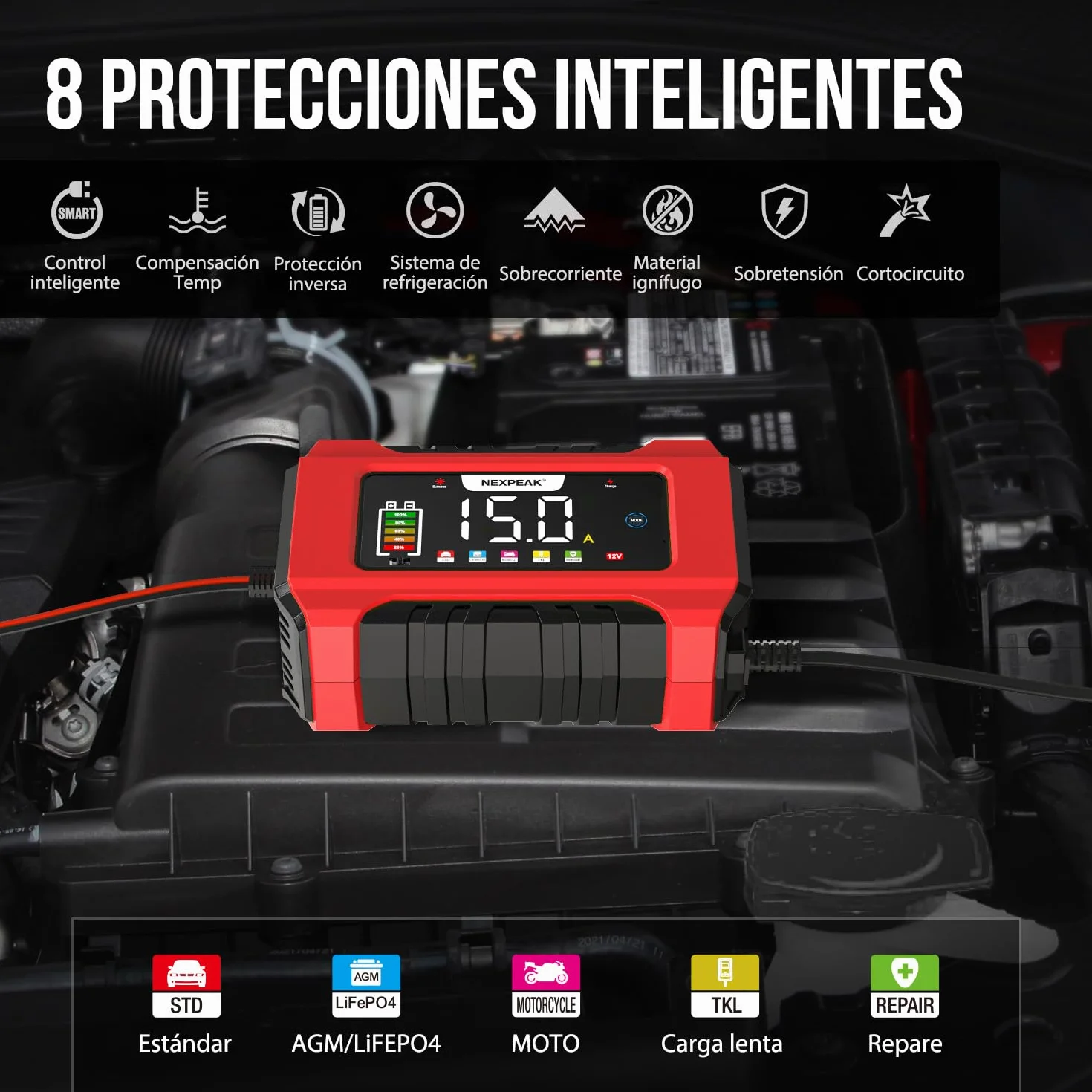 NEXPEAK NC215 Cargador de Batería 15A para Coche, 12V 24V LiFePO4 Portátil 9-Etapas Inteligente - Camión, Moto, Cortacésped, Barco, Marina