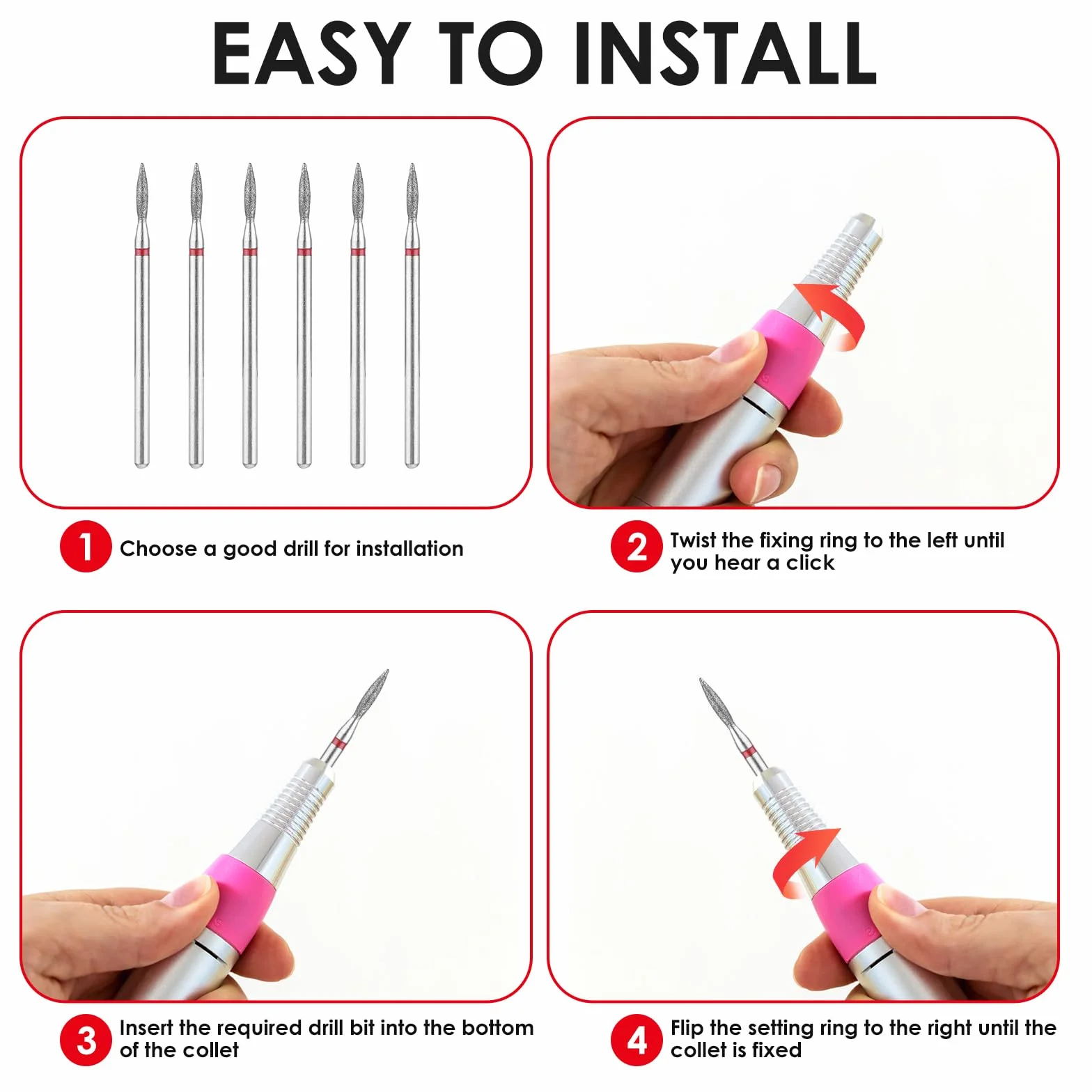 Juego de 6 Brocas para Cutículas Acero Inoxidable con Estuche para Manicura Pedicura Taladro de Diamante Profesional