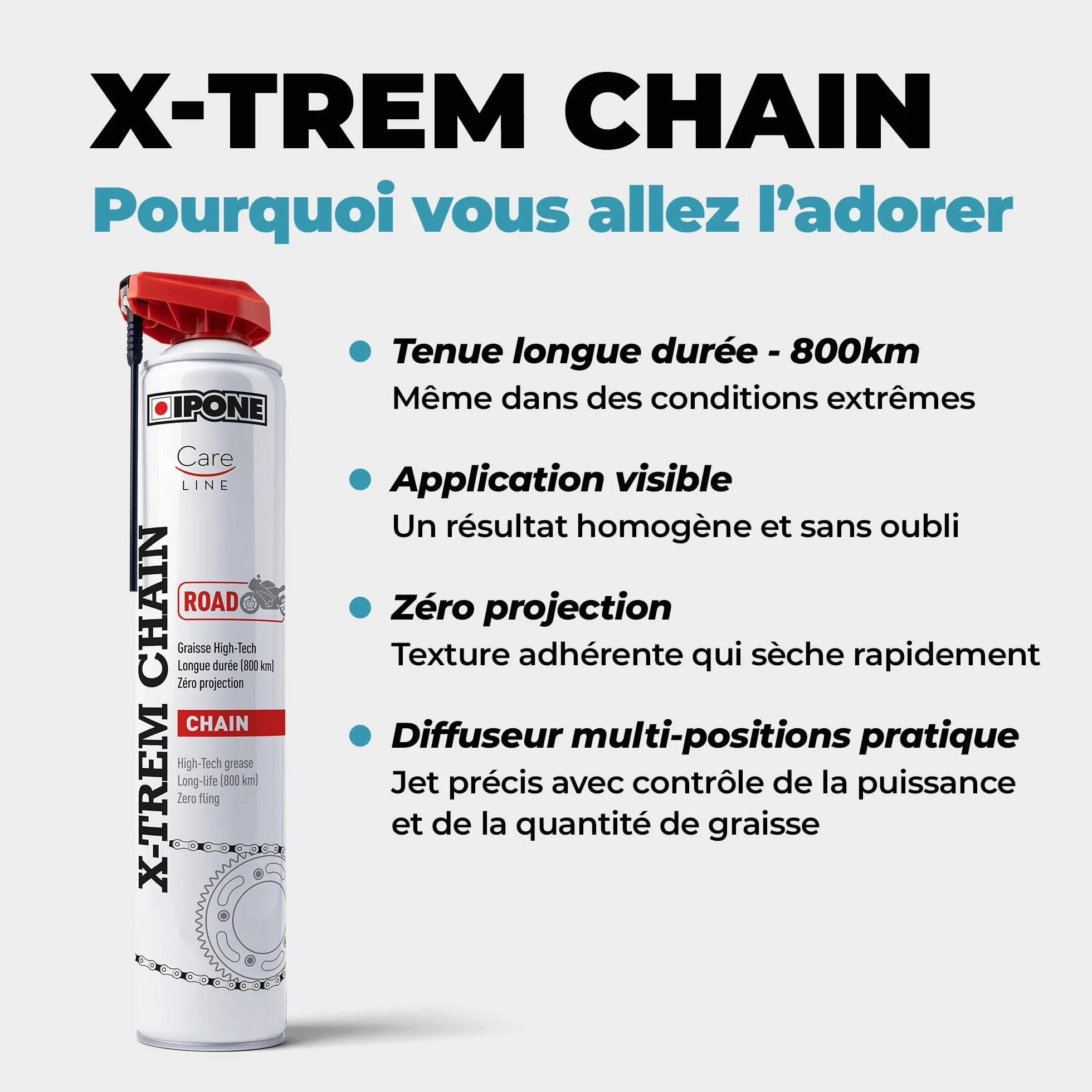 IPONE - Grasa de Cadena para Moto Carretera X-Trem Chain Road - Larga duración 800 km - Pulverización precisa sin Salpicaduras - Bote de espray con difusor multiposición 500 ml