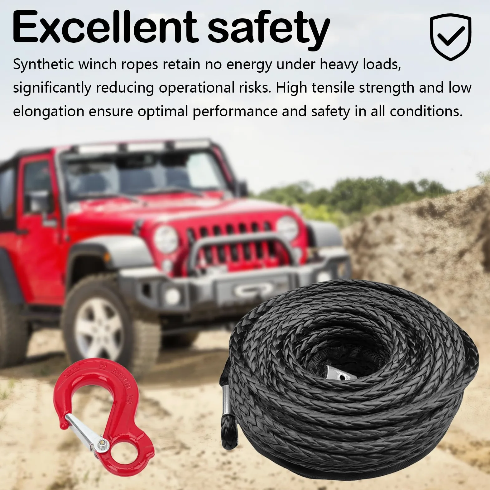 Cuerda de Remolque para Coche, Cabestrante 15m Largo 8mm Diámetro Cuerda Sintética de 12 Hilos 6000kg / 13228 Libra Cuerda de Plástico Cuerda de Remolque con Gancho Metálico para SUV ATV UTV, Negro