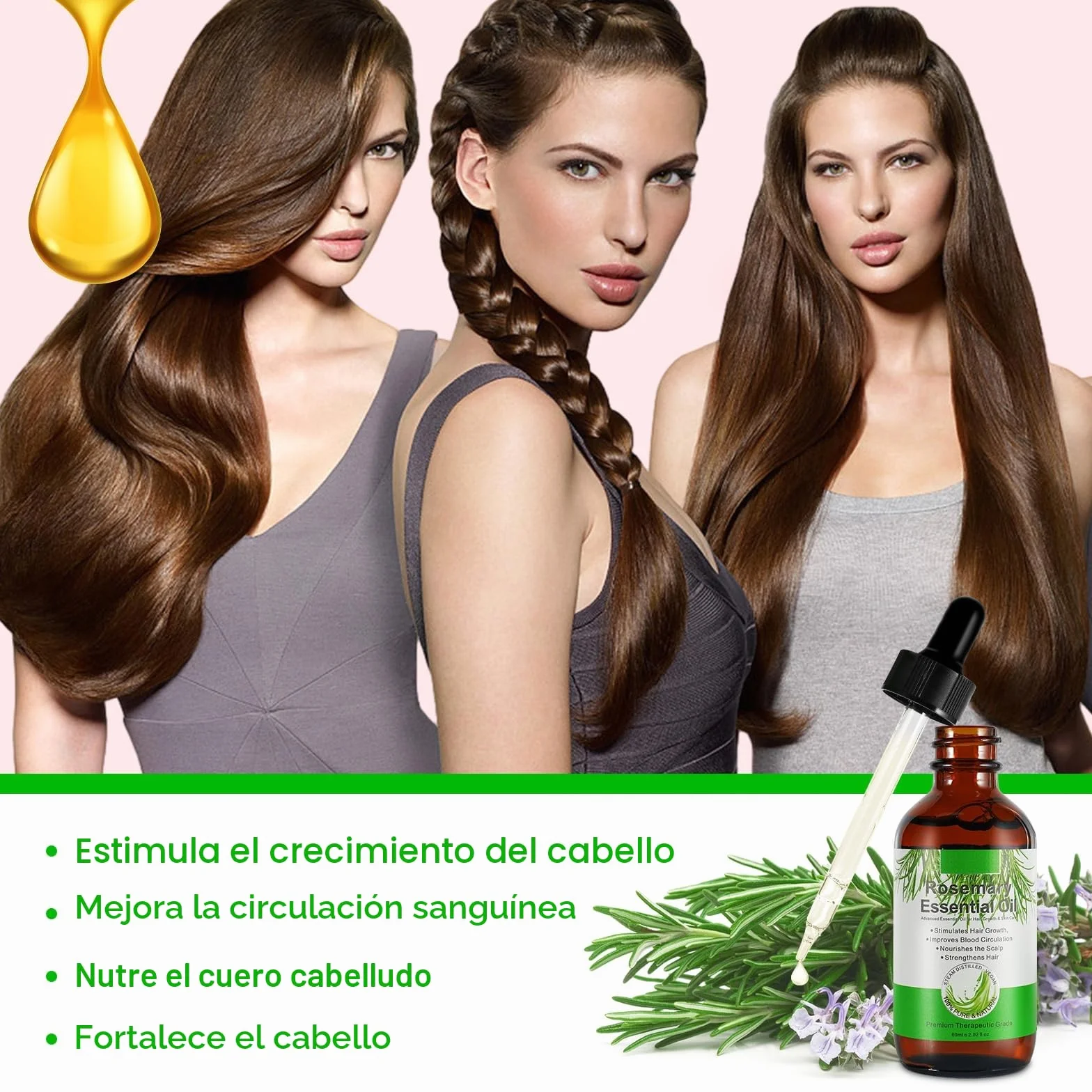 Aceite de Romero 100% puro para Crecimiento del Cabello 60ml con Masajeador de Cuero Cabelludo