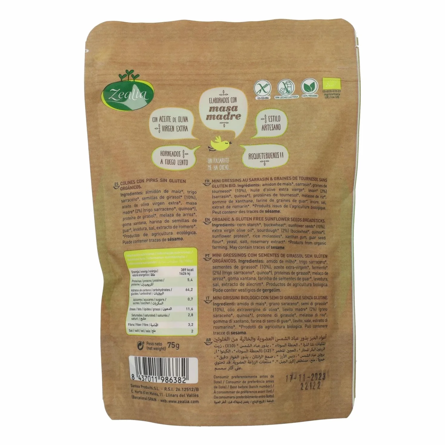 Mini grissini de pipas bio sin gluten 75 g
