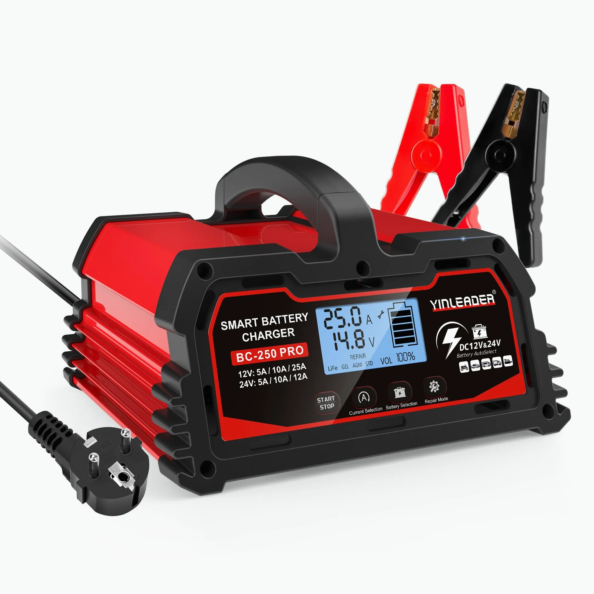 Yinleader Cargador de batería para automóvil 25A 12V/24V 12A/10A/5A Cargador de batería para automóvil Cargador Inteligente con Pantalla LCD, para batería de 12V LiFePO4