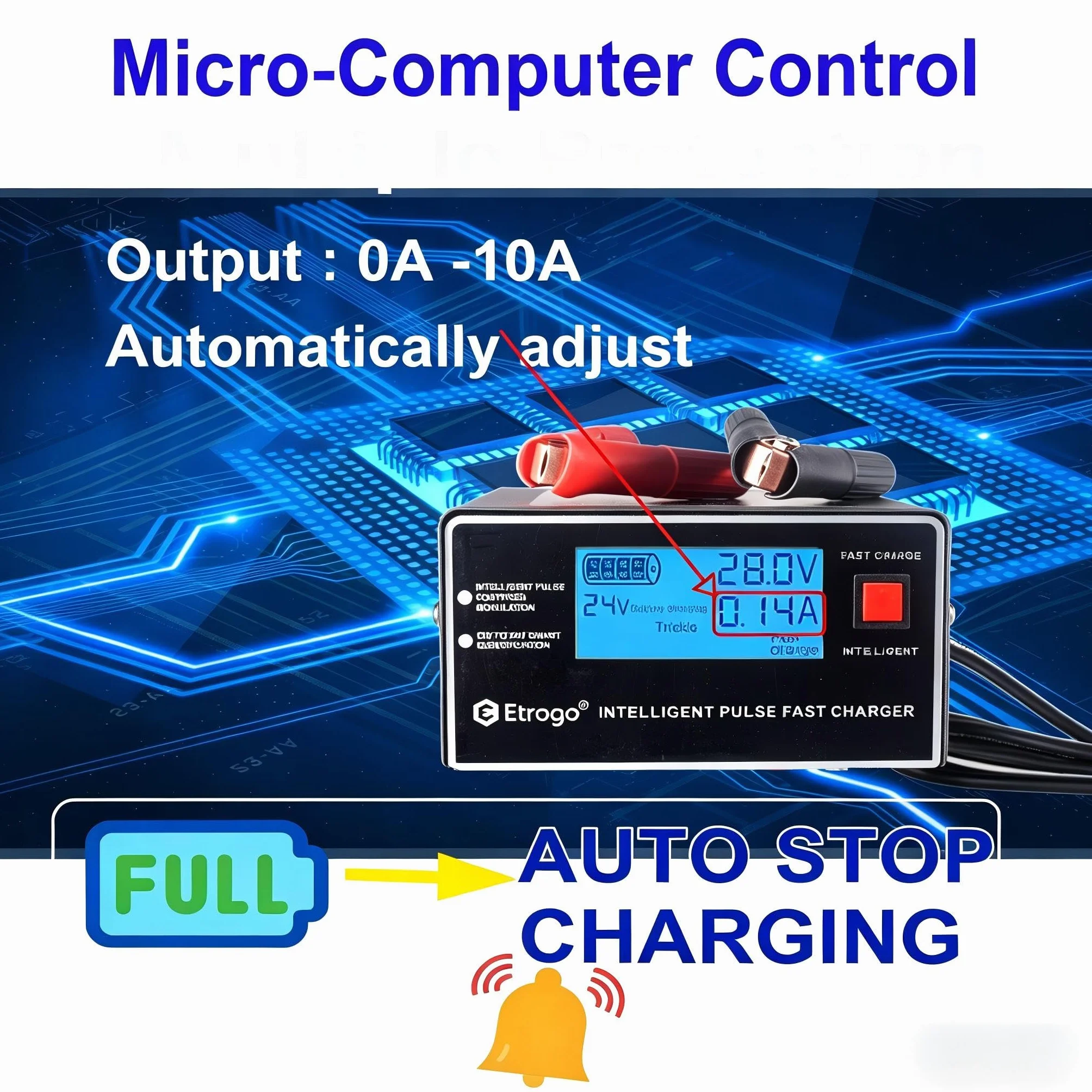 Etrogo Cargador Coche 12V 24V 10A 250W de Pulso Inteligente con Función Automática de Detección Reparación Mantenimiento con Pantalla LCD