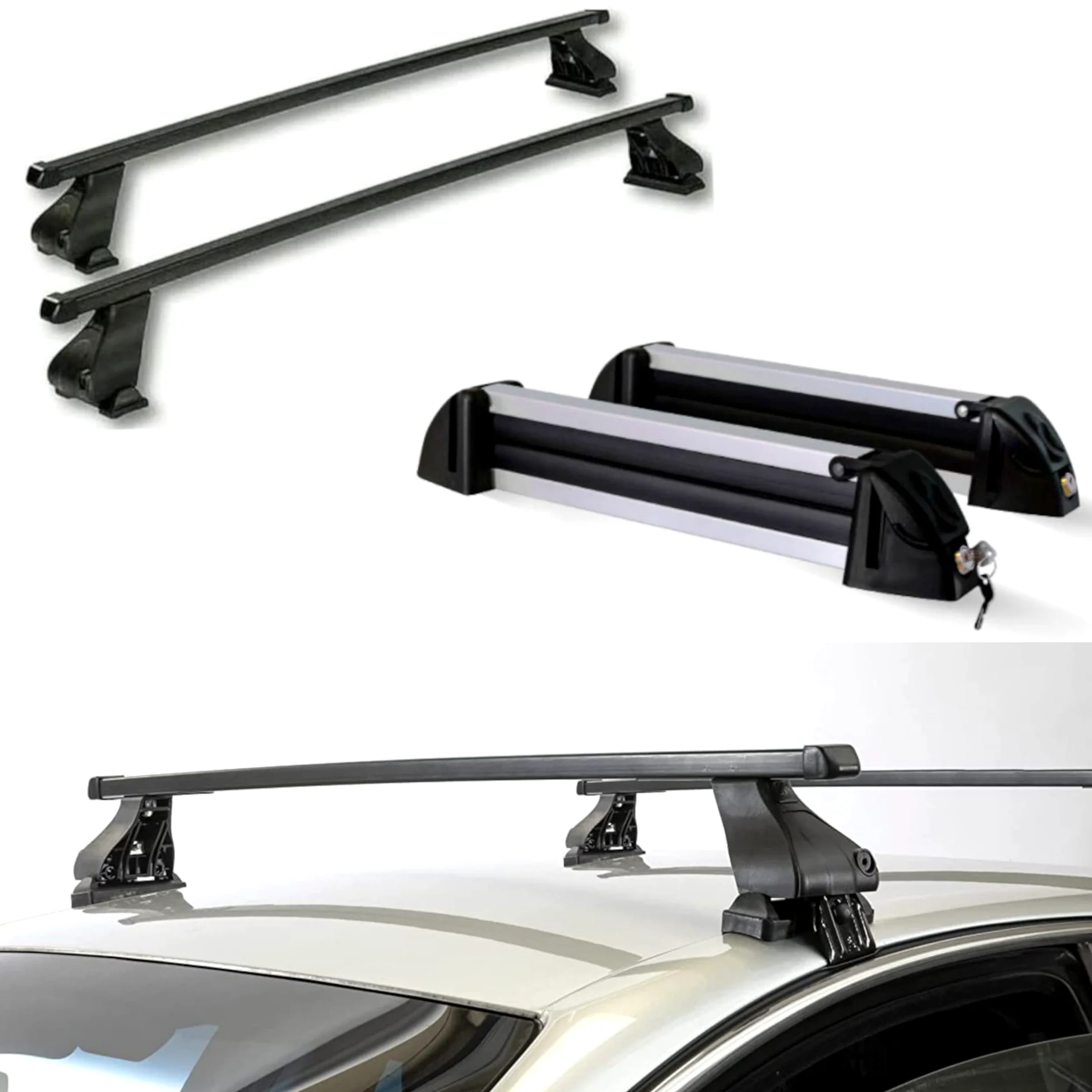Barras portaequipajes + portaesquís Soporte Esquis 4 pares de esquís o 2 snowboard para Lancia Y YPSILON (3 puertas) de 1995 a 2003 con techo estándar