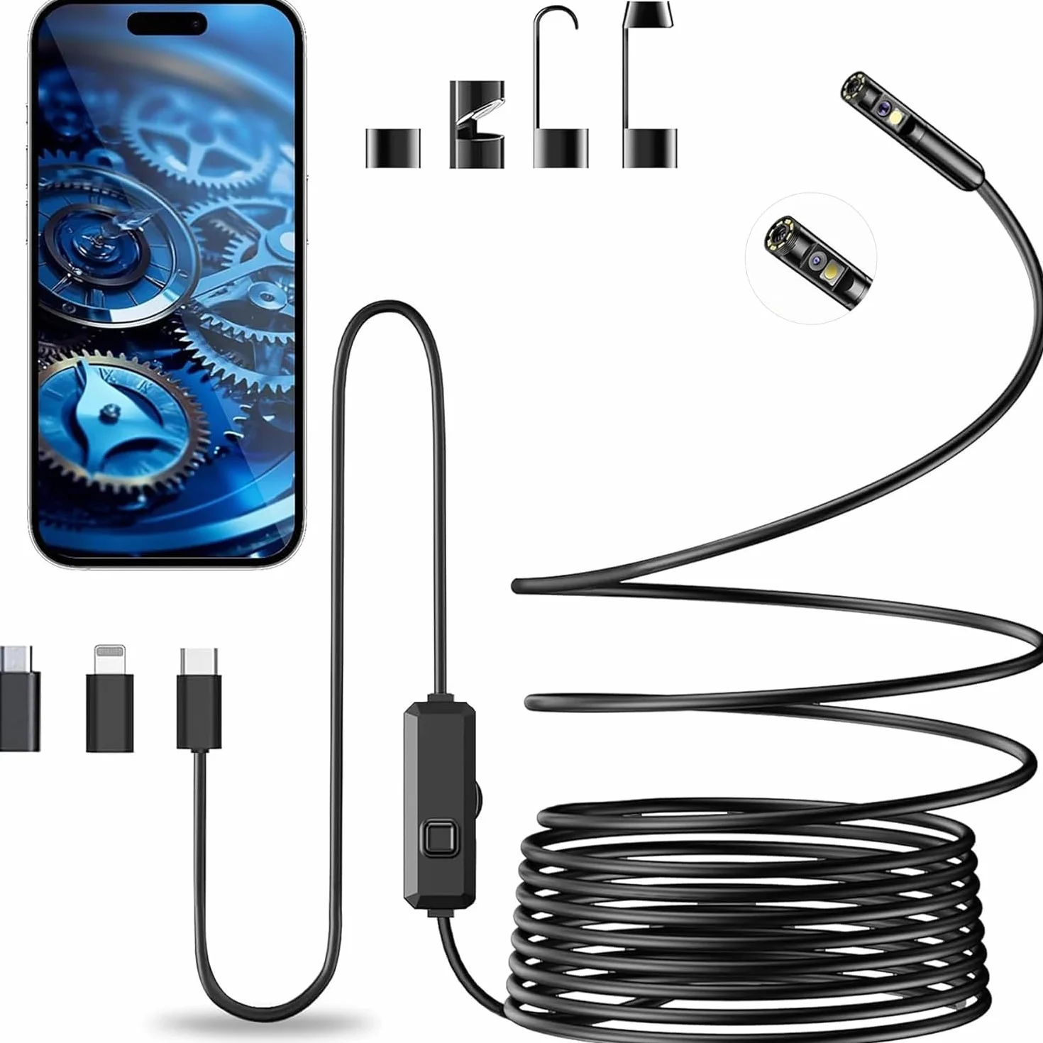 Vexloria Endoscopio Cámara de Inspección, 1920P HD Cámara Endoscópica, Endoscopio para Movil con 8 Luces LED Sonda de 7,9 mm, IP68 Impermeable Camara Inspeccion Tuberias para Android, iPhone(5 M)