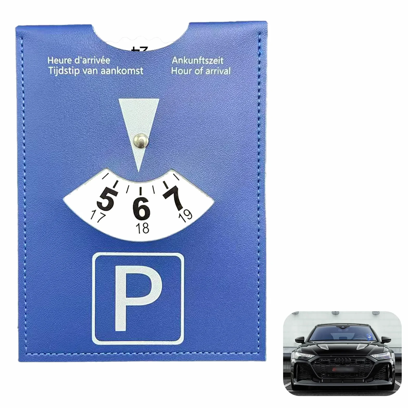 Disco horario Grande Modelo de Lujo para Estacionamiento de Lujo en Simil Cuero Suave, Modelo Grande 11 x 15 cm, Multilingüe, Ideal para Coches, Motos y Autocaravanas