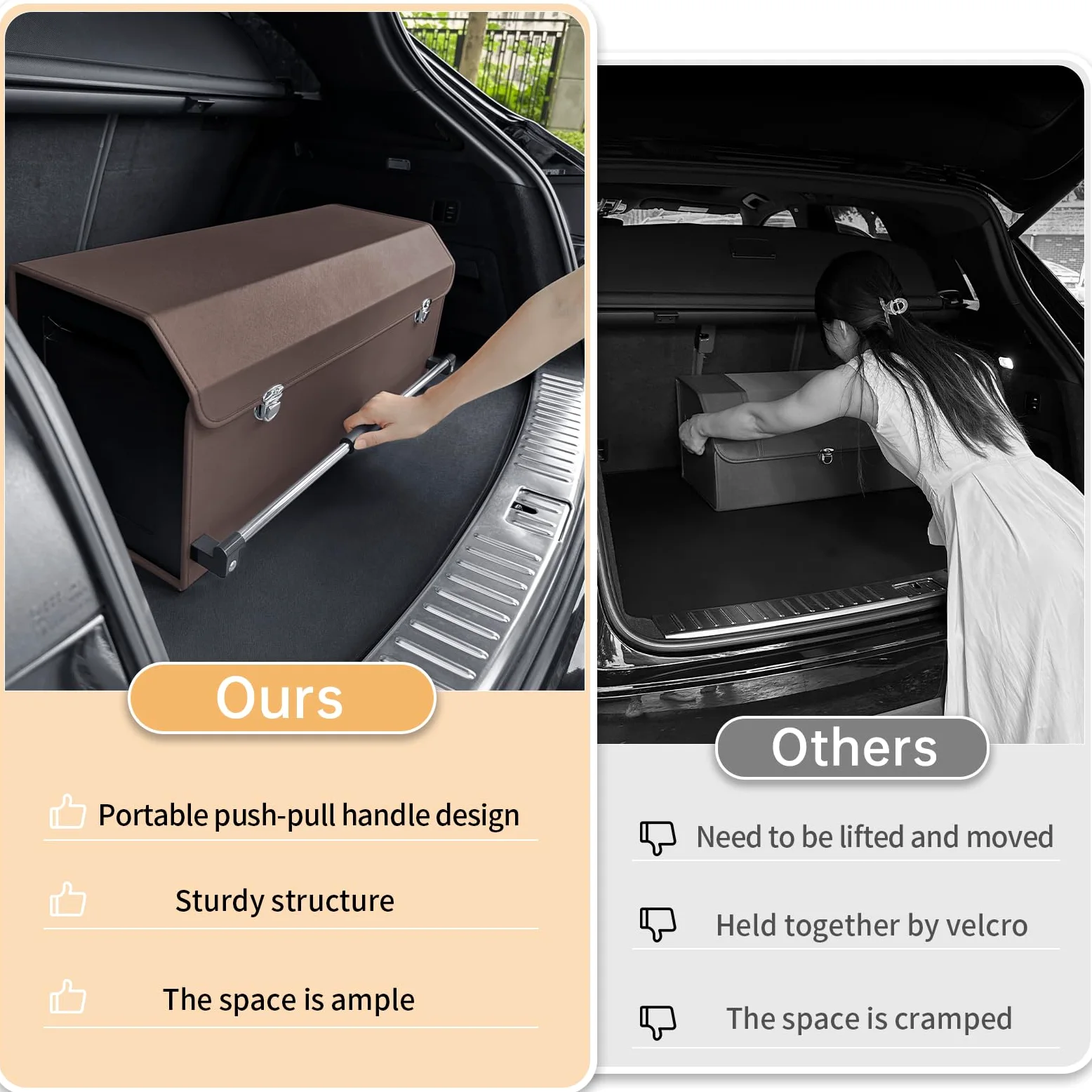 Organizador plegable de cuero para maletero de coche con tapa y asa resistente para SUV, camión, sedán, almacenamiento de coche (marrón, 69 x 29 x 31 cm)