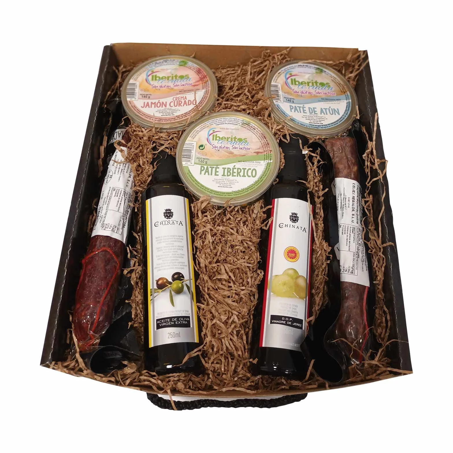 Cesta sin gluten sin lactosa sin alcohol con chorizo salchichón ibérico aceite oliva virgen extra vinagre patés crema
