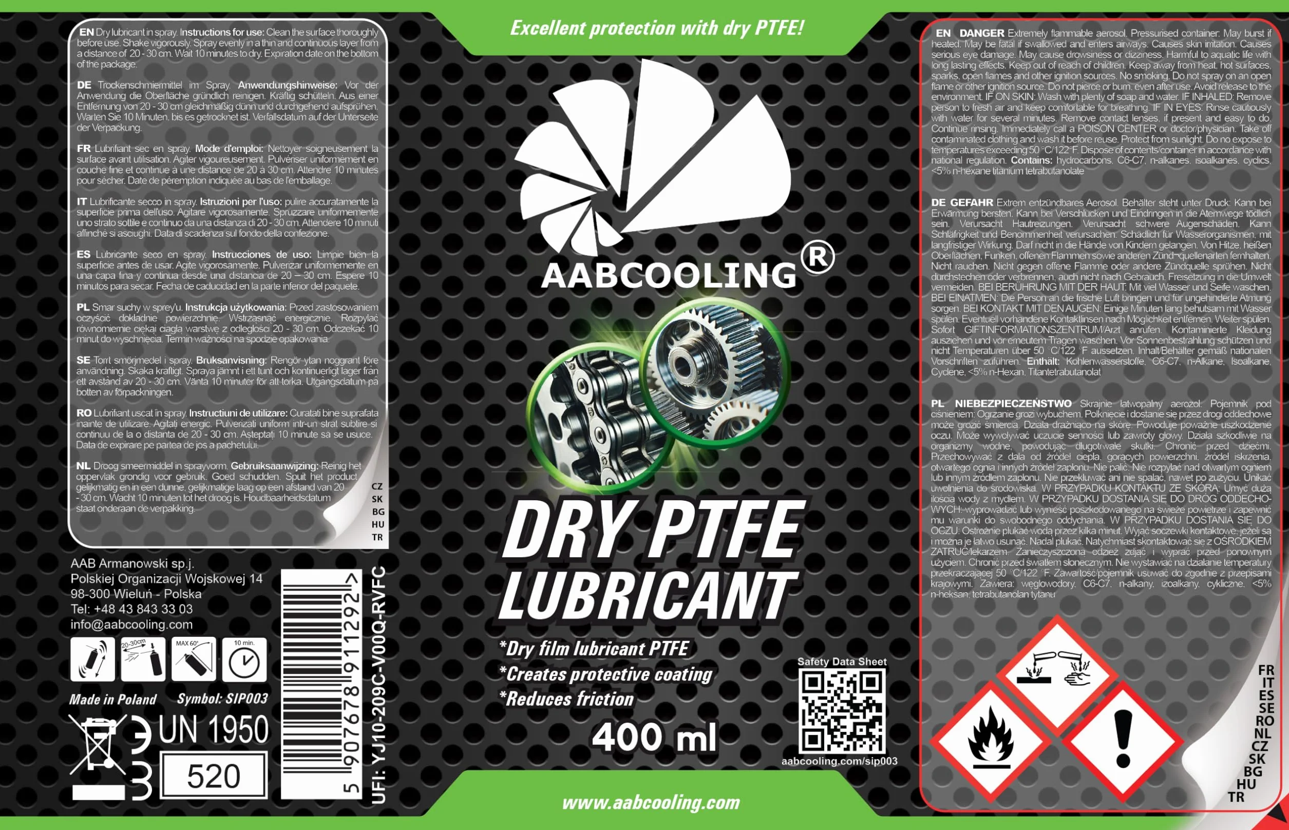 AABCOOLING Dry PTFE Lubricant 400 ml spray PTFE teflón lubricante seco para bicicleta motocicleta maquinaria agrícola transmisión rodamientos engranajes rendimiento protección anti desgaste