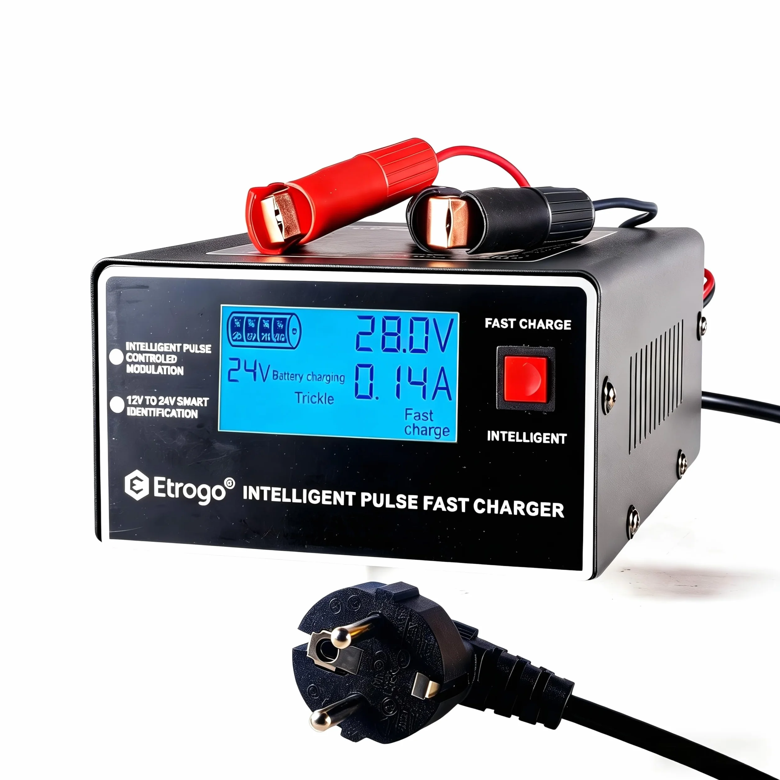 Etrogo Cargador Coche 12V 24V 10A 250W de Pulso Inteligente con Función Automática de Detección Reparación Mantenimiento con Pantalla LCD