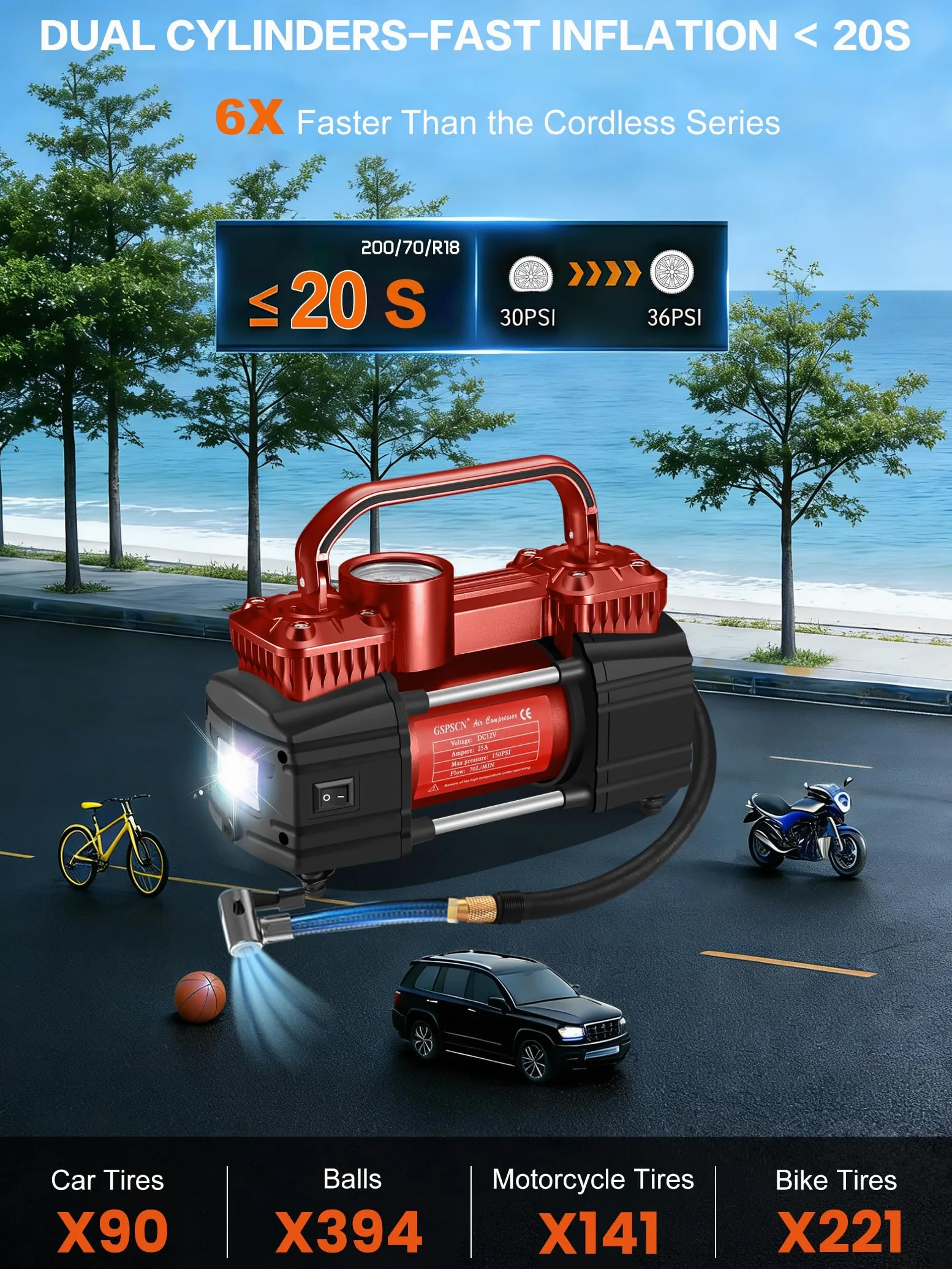 GSPSCN Compresor de aire de doble cilindro CC 12 V para automóvil, inflador de neumáticos portátil resistente, bomba de neumáticos de 150 PSI con luz LED para automóvil, camión, SUV, RV, pelotas, etc
