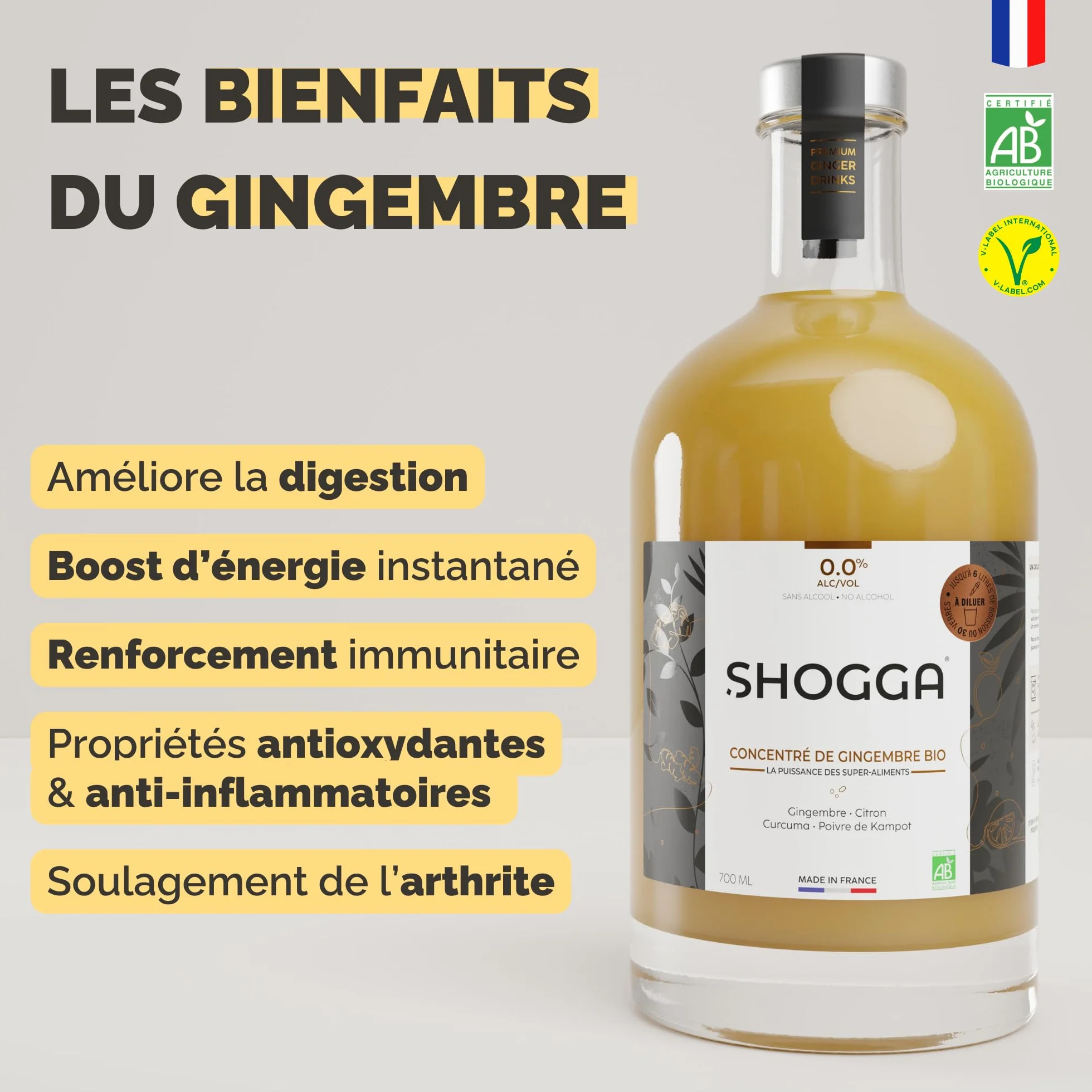 SHOGGA Concentrado de Jengibre Ecológico 200 ml Bebida Premium sin Alcohol 12 Superalimentos