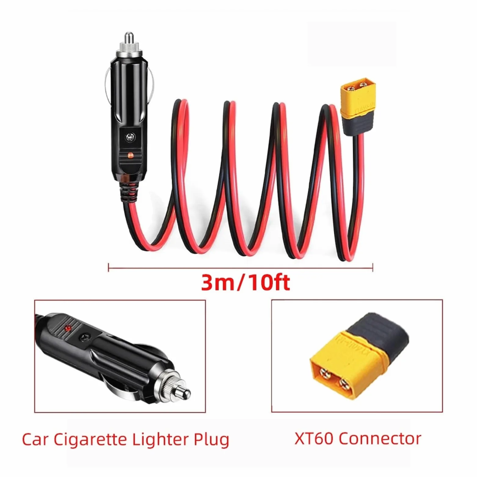 XT60 to Cigarette Lighter Extension Cable 14AWG 10FT 12V 24V para Power Station