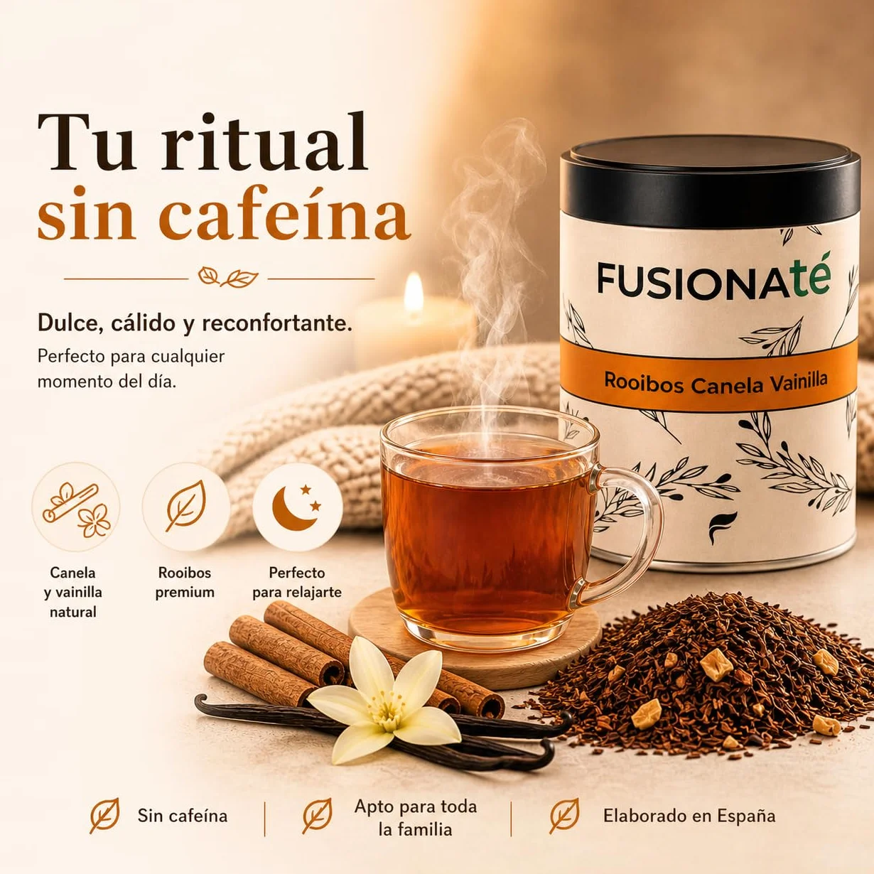 FUSIONATE Rooibos Canela y Vainilla 150g Infusión Sin Cafeína Premium