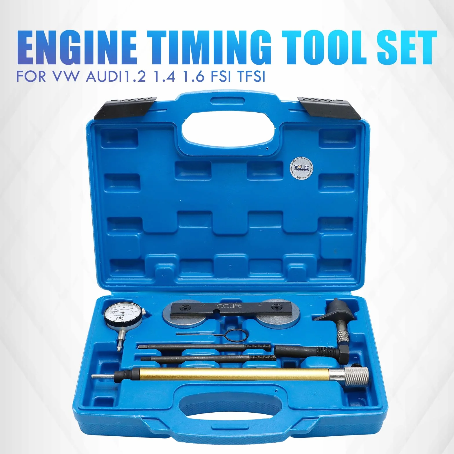 CCLIFE Kit de Herramienta de Cambio Cadena de Distribución Compatible con VAG Audi Seat Skoda 1.2 1.4 1.6 FSI TFSI, con Soporte para Comparador de Cuadrante
