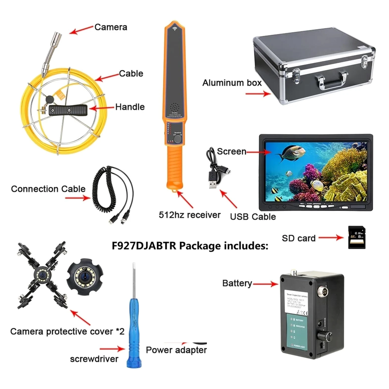 Endoscopio Cámara de vídeo inspección tuberías alcantarillado DVR con Monitor 7 "con contador medidor Autonivelación automática 512HZ localizador 22MM IP68 HD(20m,DVR-Receiver)