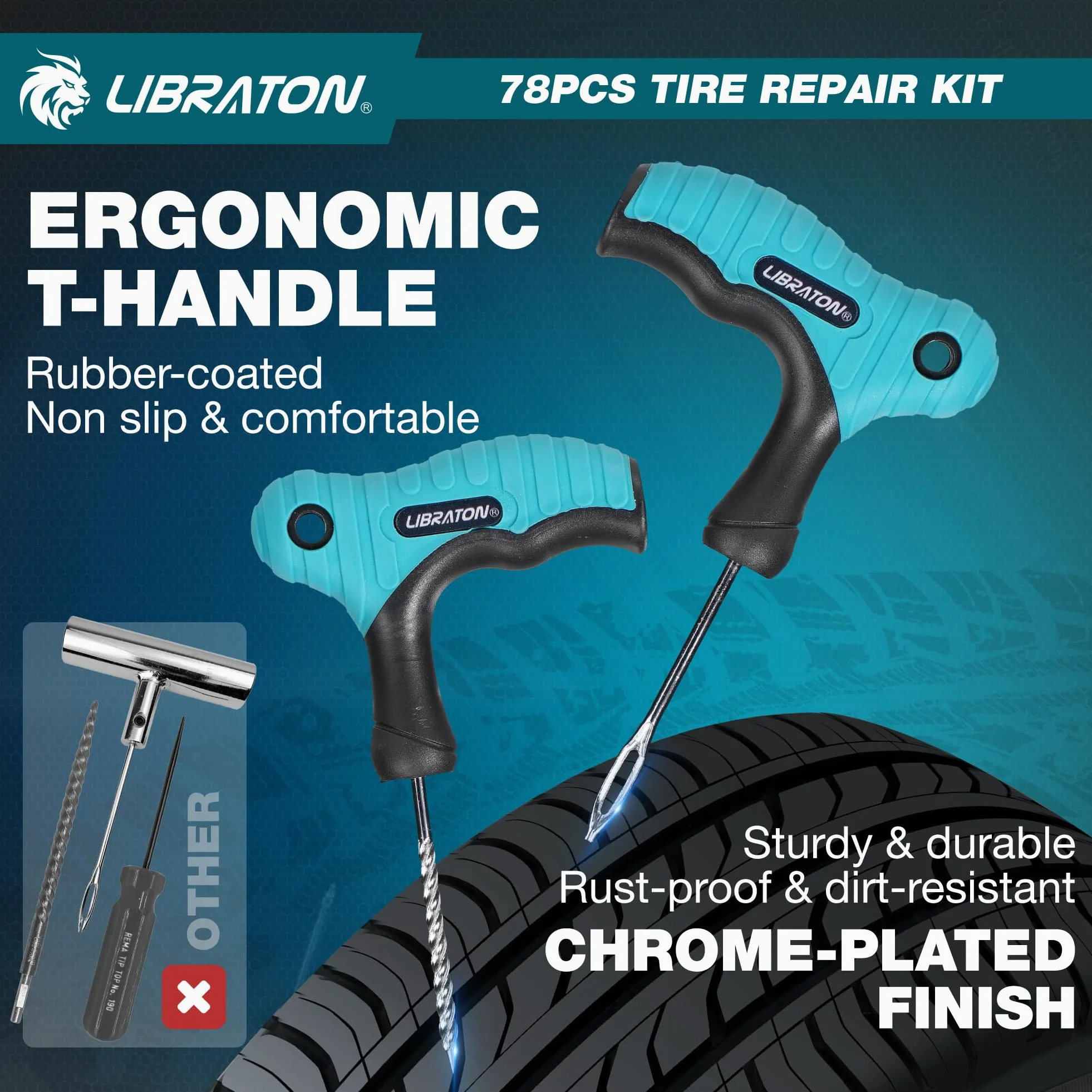 Libraton kit Antipinchazos Coche, 78PCS kit Repara Pinchazos Coche Profesional para Reparar Pinchazos y Parches en Neumáticos sin Cámara, Compacto para Coches, Motos, SUVs, ATVs, Tractores y Remolques