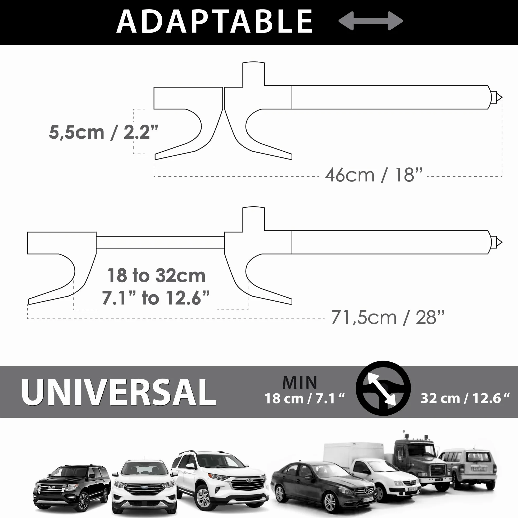 KRASER WA839B Antirrobo Coche, Alta Seguridad, Barra Volante Reforzada, Muy Visible y Disuasorio, Bloqueo Más Ajustable, Martillo Emergencia, Cepo Coche Universal SUV Furgoneta Autocaravana
