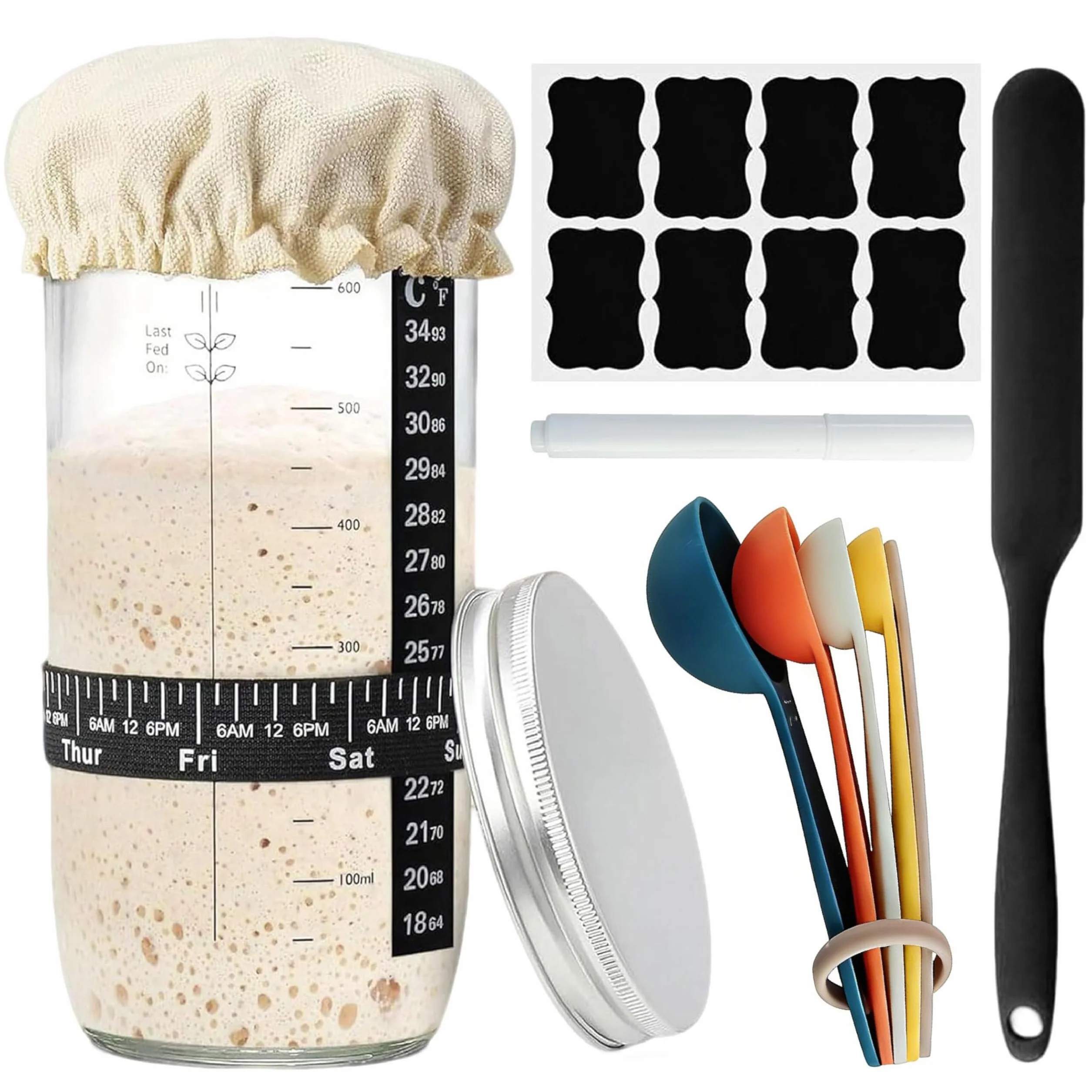 Juego de iniciación de masa madre 9 piezas con termómetro, cristal de fermentación 730 ml y espátula