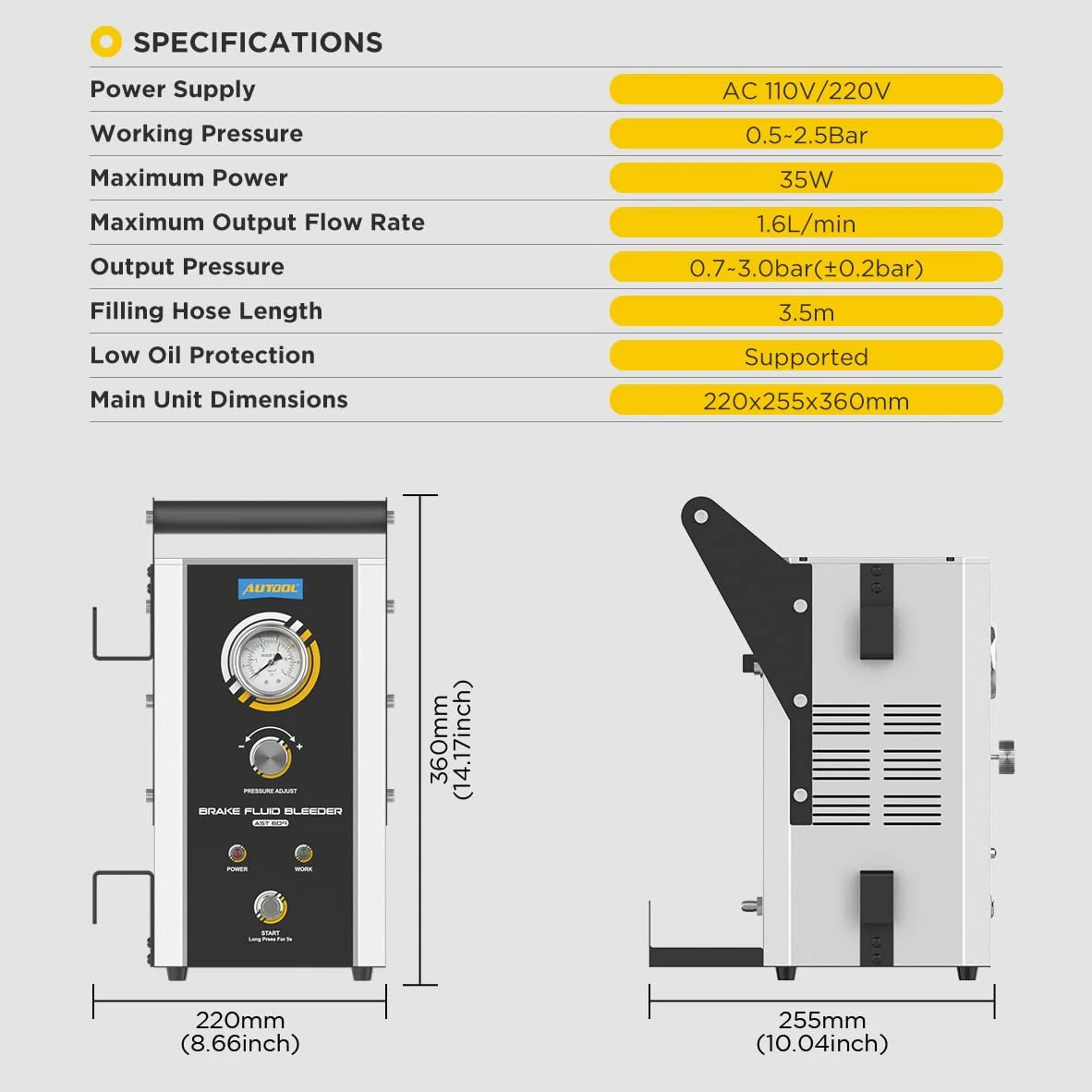 AUTOOL Purga de Freno Eléctrica- AST609 220V Equipo de Purga de Frenos Automático Pulsante con Bomba de Aire Incorporada y 7 Adaptador Presión Ajustable 0,5~2,5Bar para Vehículos