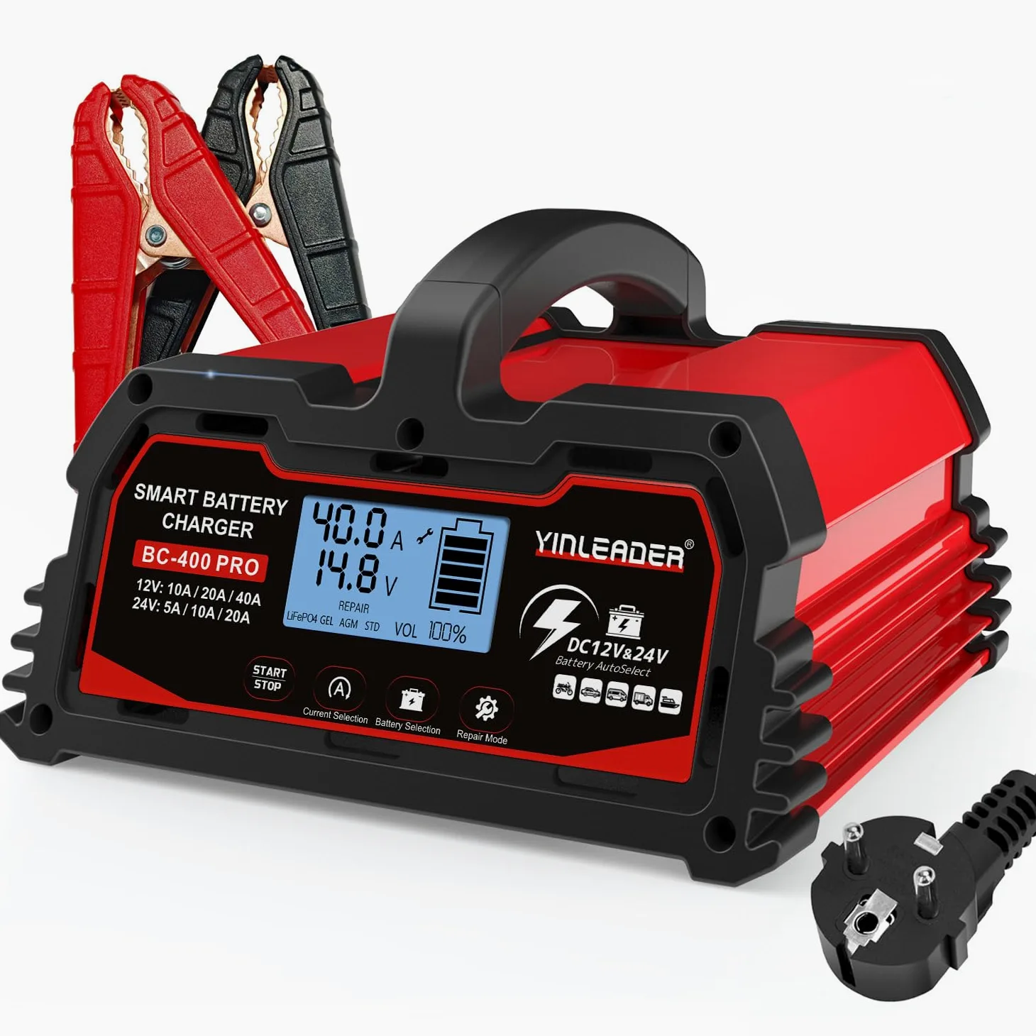 Yinleader Cargador de batería inteligente 40A 12V/24V 20A Cargador de coche LCD Soporte de batería para AGM Moto
