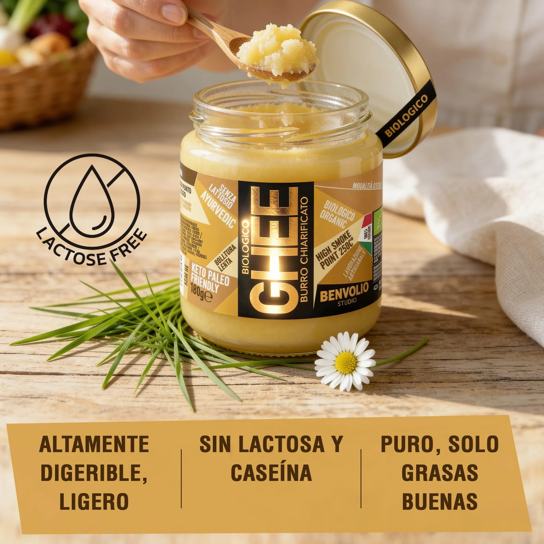 Benvolio Ghee Mantequilla Clarificada Ecológica 180g Italiana Sin Lactosa Alto Punto de Humo 250°C